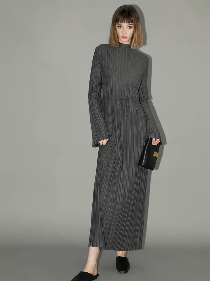 COCOBELLA Adjustable Waist Tie Mock Neck Pleated Slim Fit Long Sleeve Office Dresses