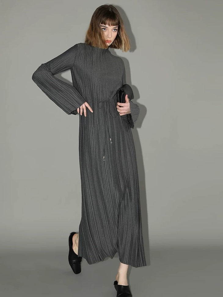 COCOBELLA Adjustable Waist Tie Mock Neck Pleated Slim Fit Long Sleeve Office Dresses