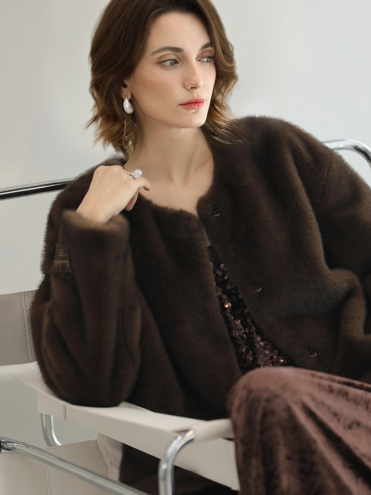 COCOBELLA All Over Faux Fur Short Straight Fit Office Women Coffee Brown Jackets