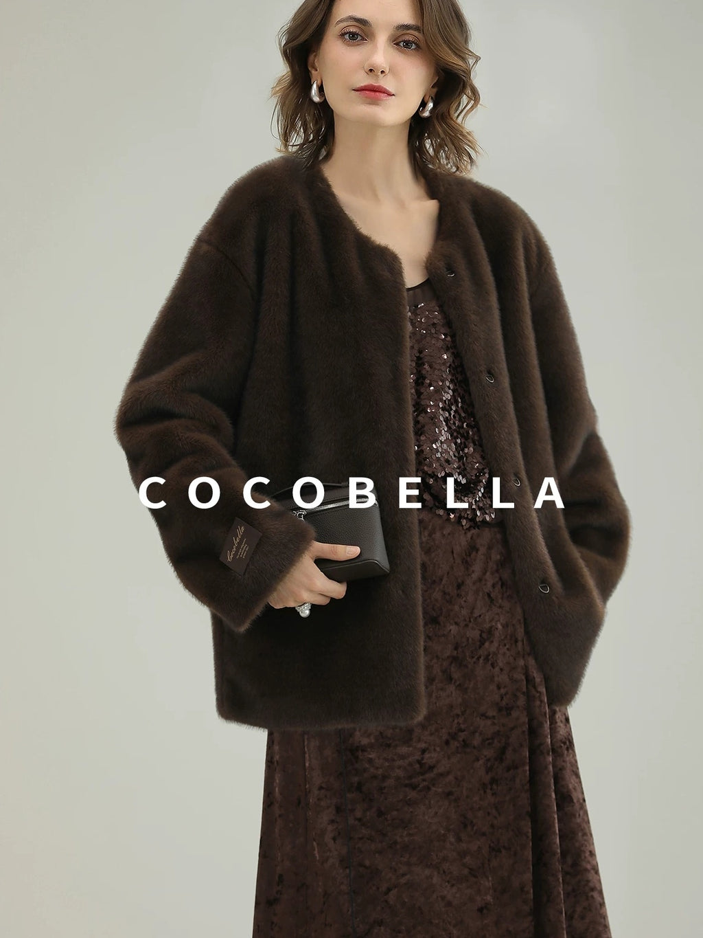 COCOBELLA All Over Faux Fur Short Straight Fit Office Women Coffee Brown Jackets