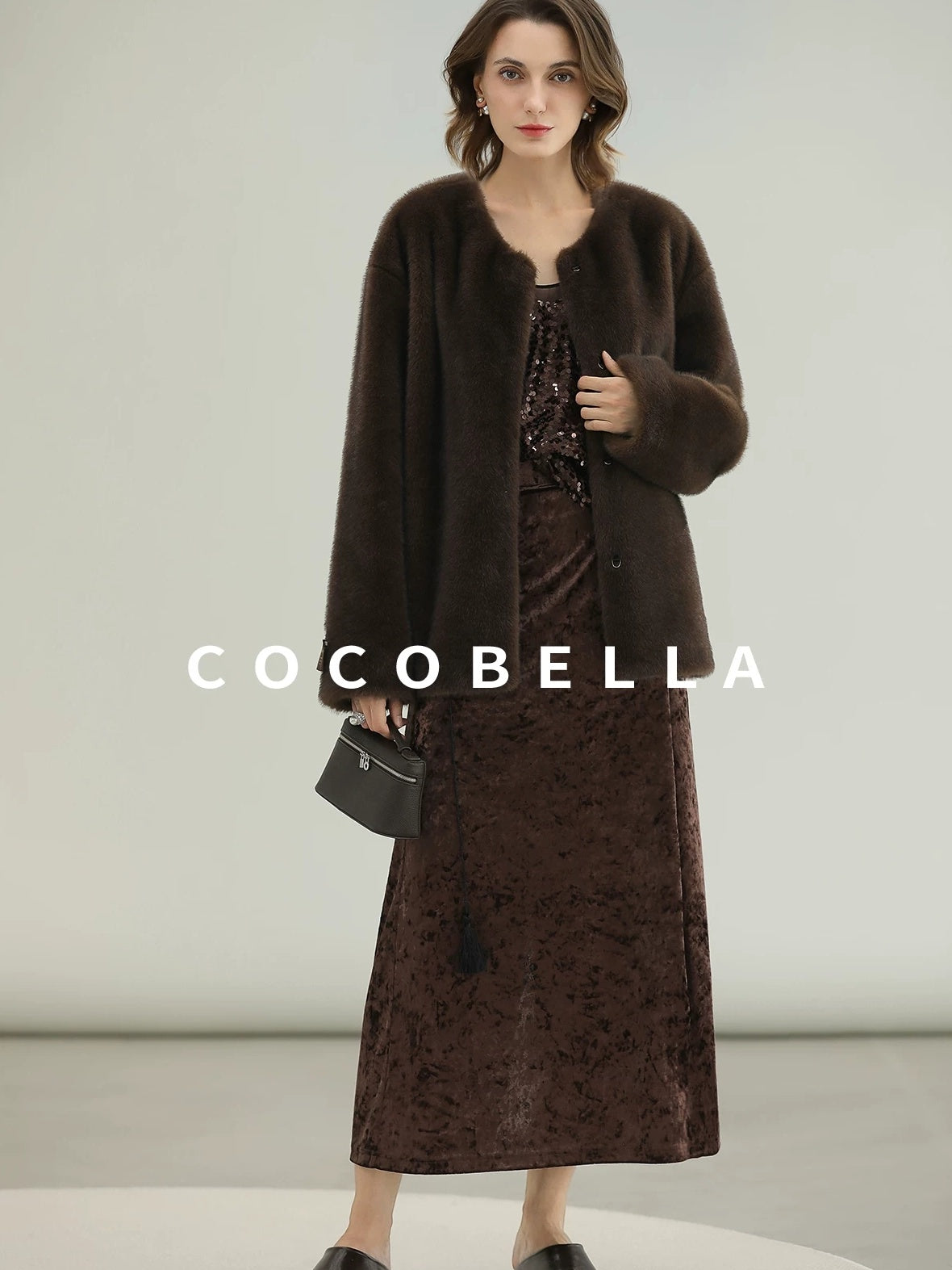 COCOBELLA All Over Faux Fur Short Straight Fit Office Women Coffee Brown Jackets