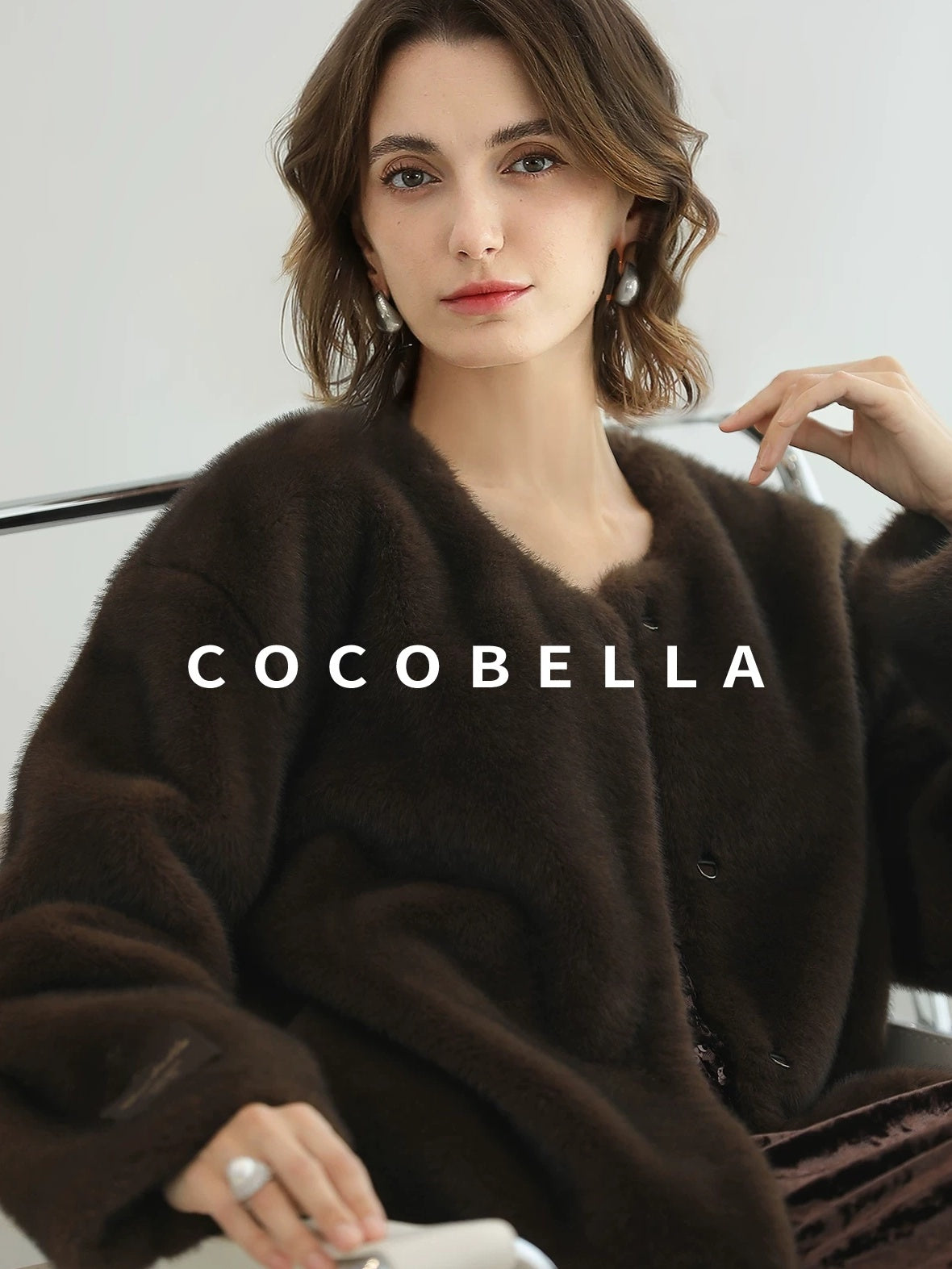 COCOBELLA All Over Faux Fur Short Straight Fit Office Women Coffee Brown Jackets