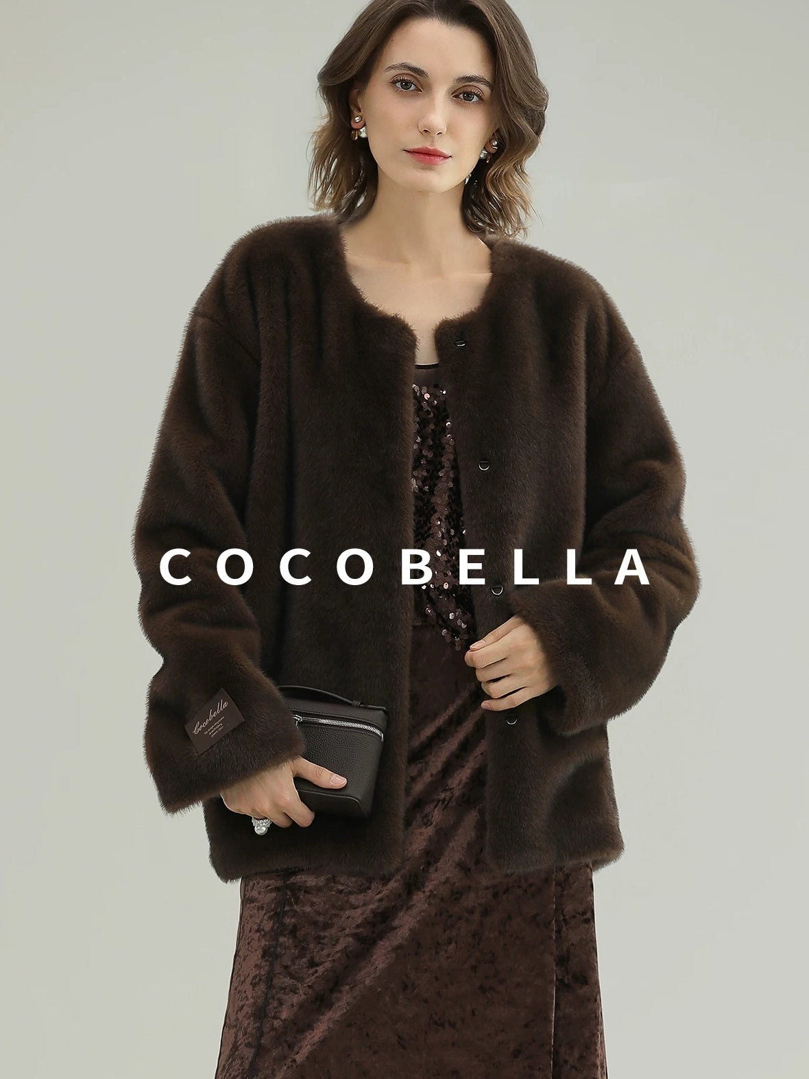 COCOBELLA All Over Faux Fur Short Straight Fit Office Women Coffee Brown Jackets