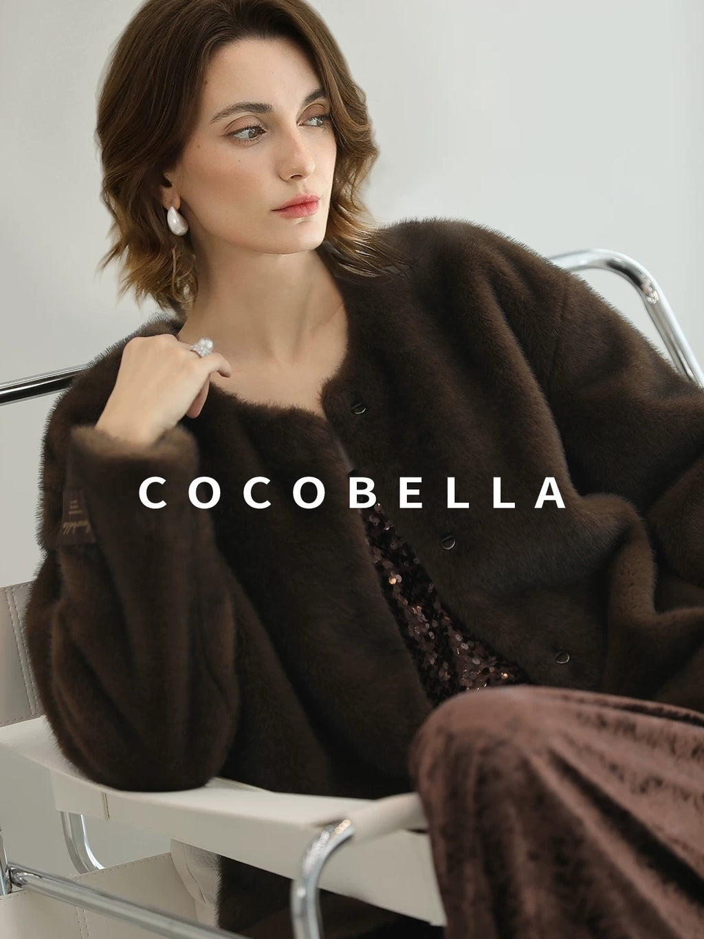 COCOBELLA All Over Faux Fur Short Straight Fit Office Women Coffee Brown Jackets