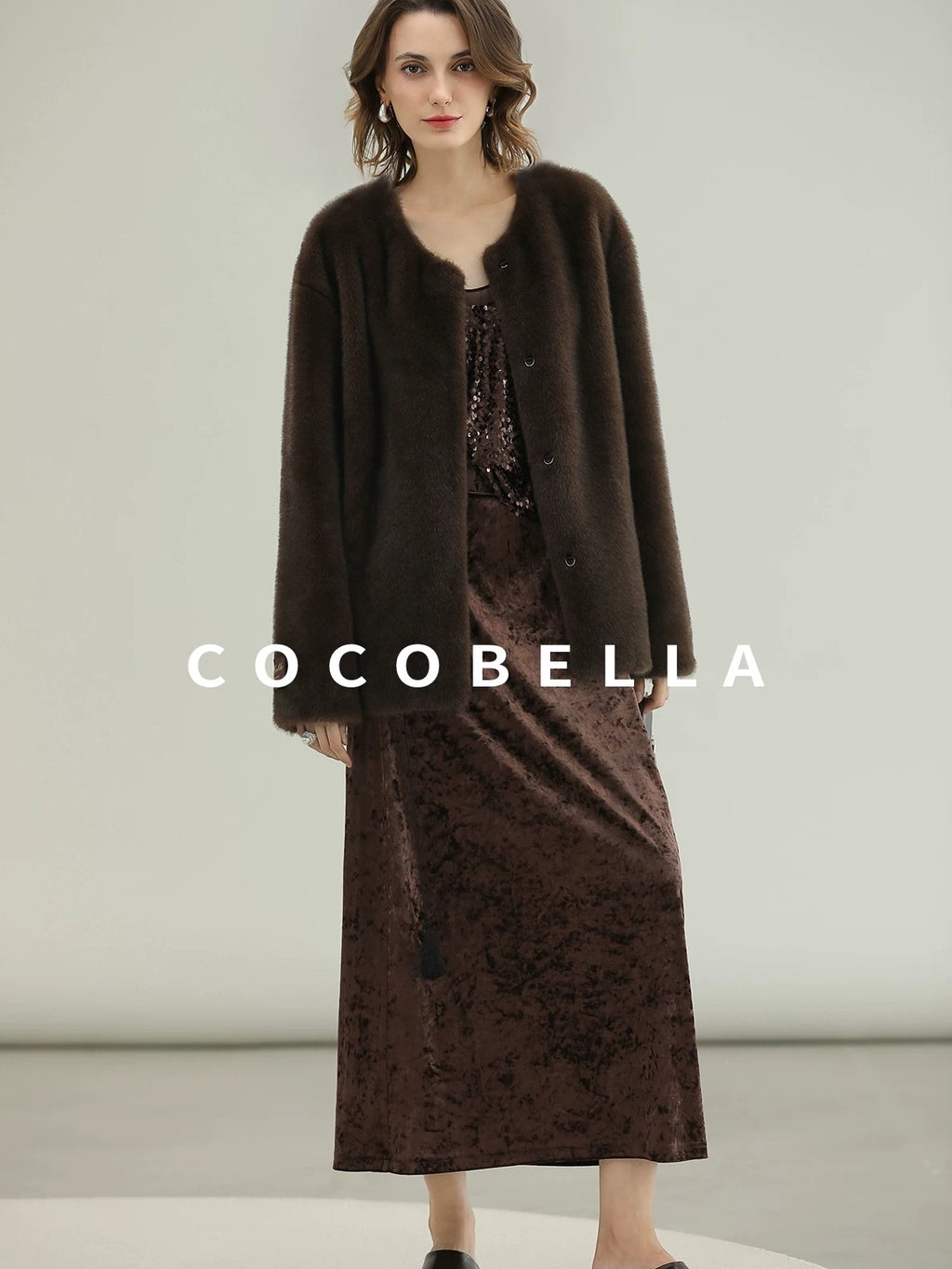 COCOBELLA All Over Faux Fur Short Straight Fit Office Women Coffee Brown Jackets