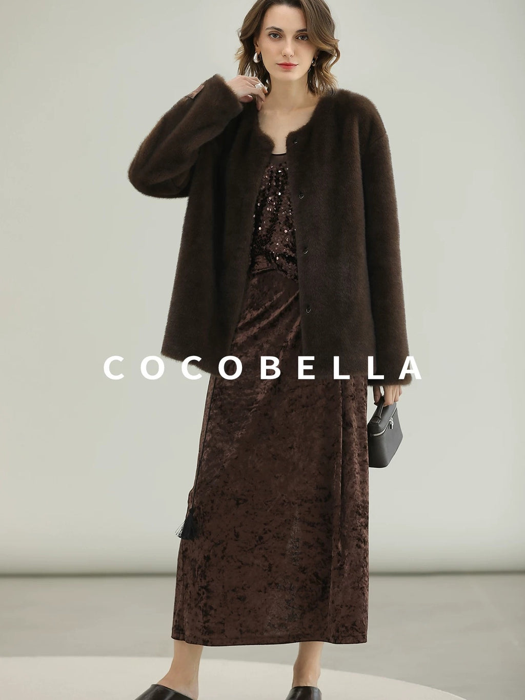 COCOBELLA All Over Faux Fur Short Straight Fit Office Women Coffee Brown Jackets