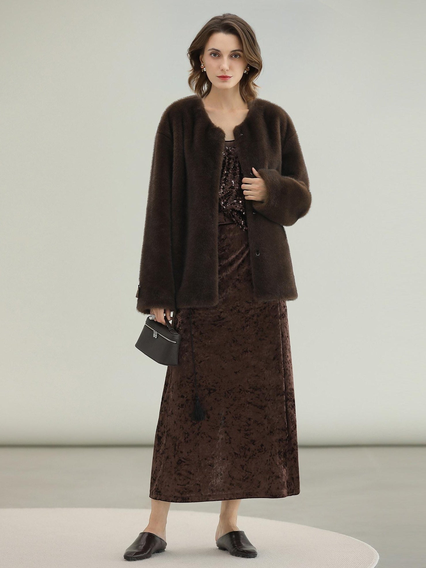 COCOBELLA All Over Faux Fur Short Straight Fit Office Women Coffee Brown Jackets