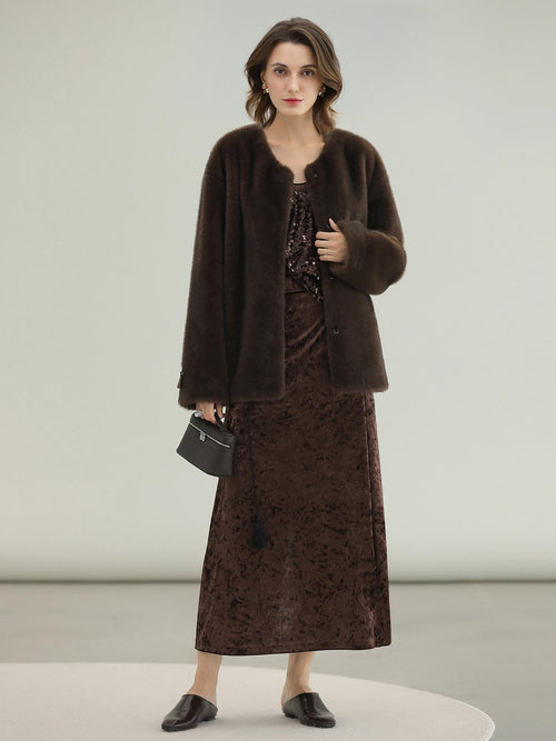 COCOBELLA All Over Faux Fur Short Straight Fit Office Women Coffee Brown Jackets