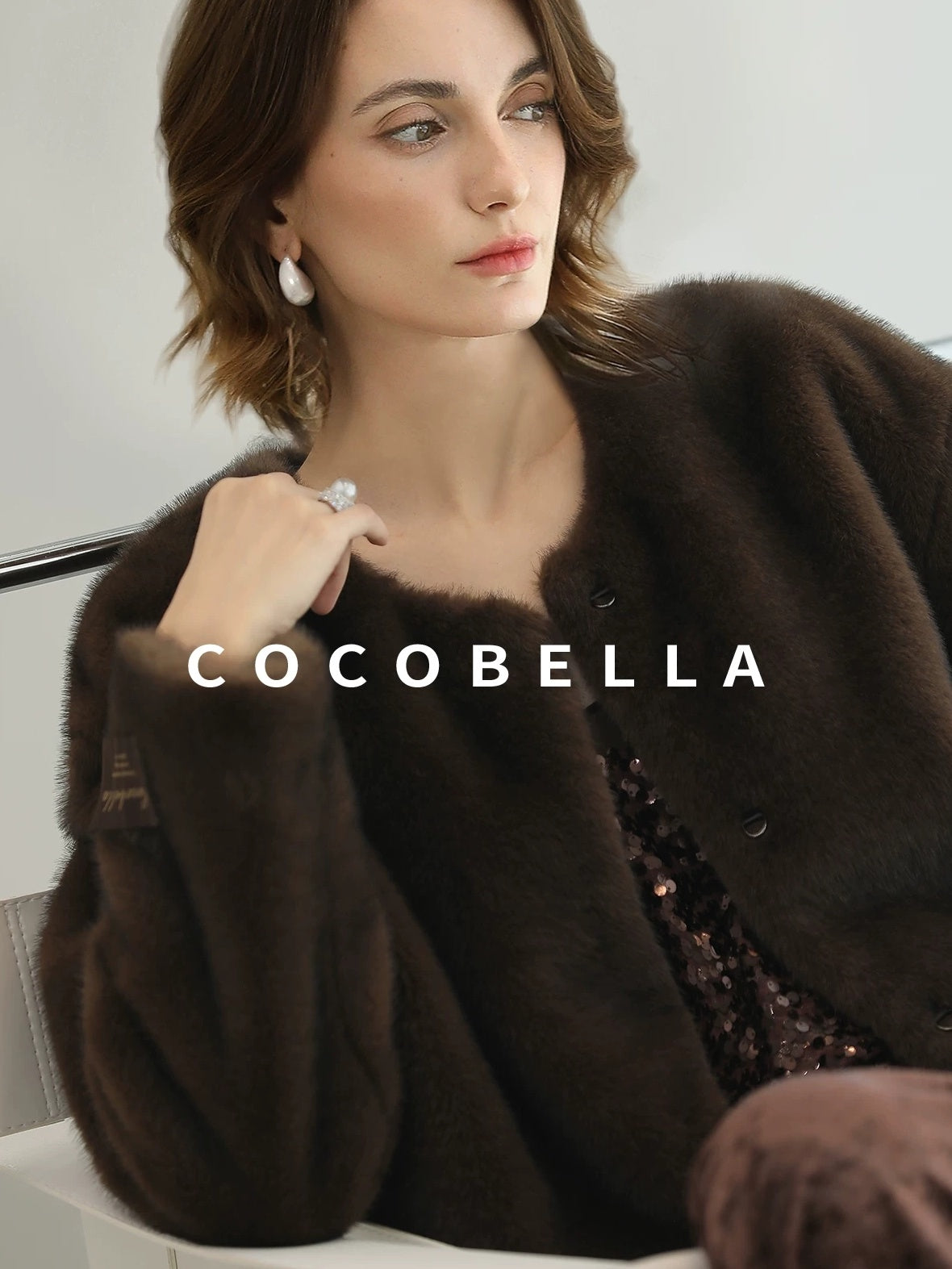 COCOBELLA All Over Faux Fur Short Straight Fit Office Women Coffee Brown Jackets