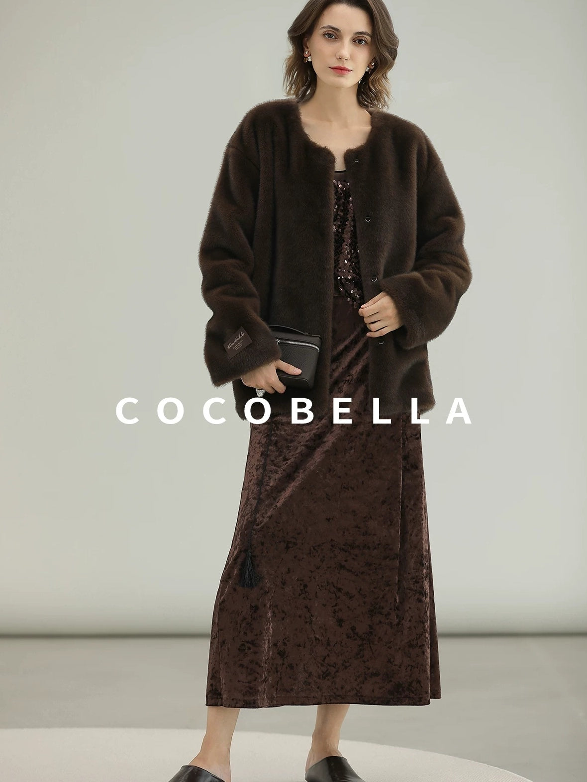 COCOBELLA All Over Faux Fur Short Straight Fit Office Women Coffee Brown Jackets