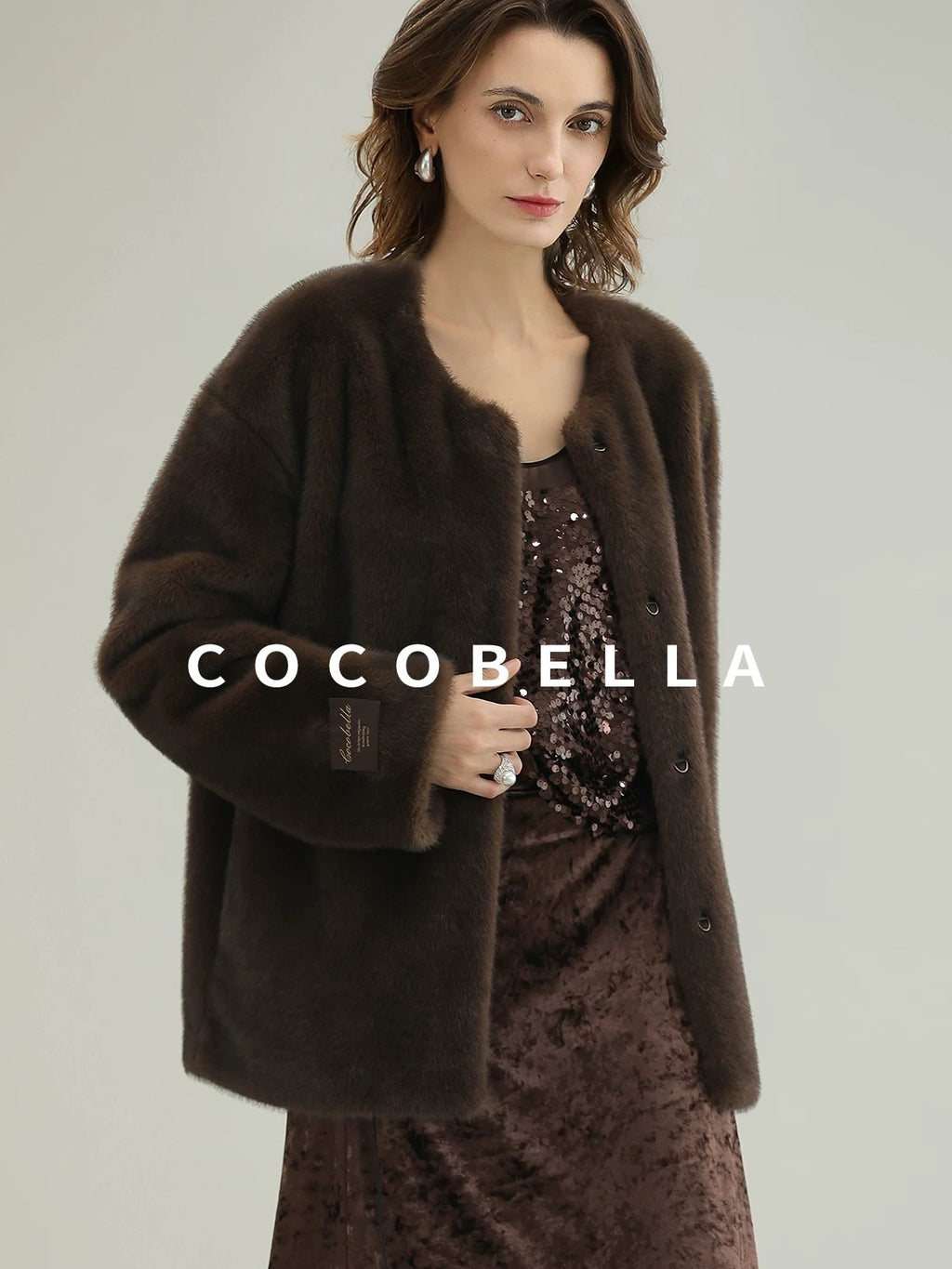 COCOBELLA All Over Faux Fur Short Straight Fit Office Women Coffee Brown Jackets