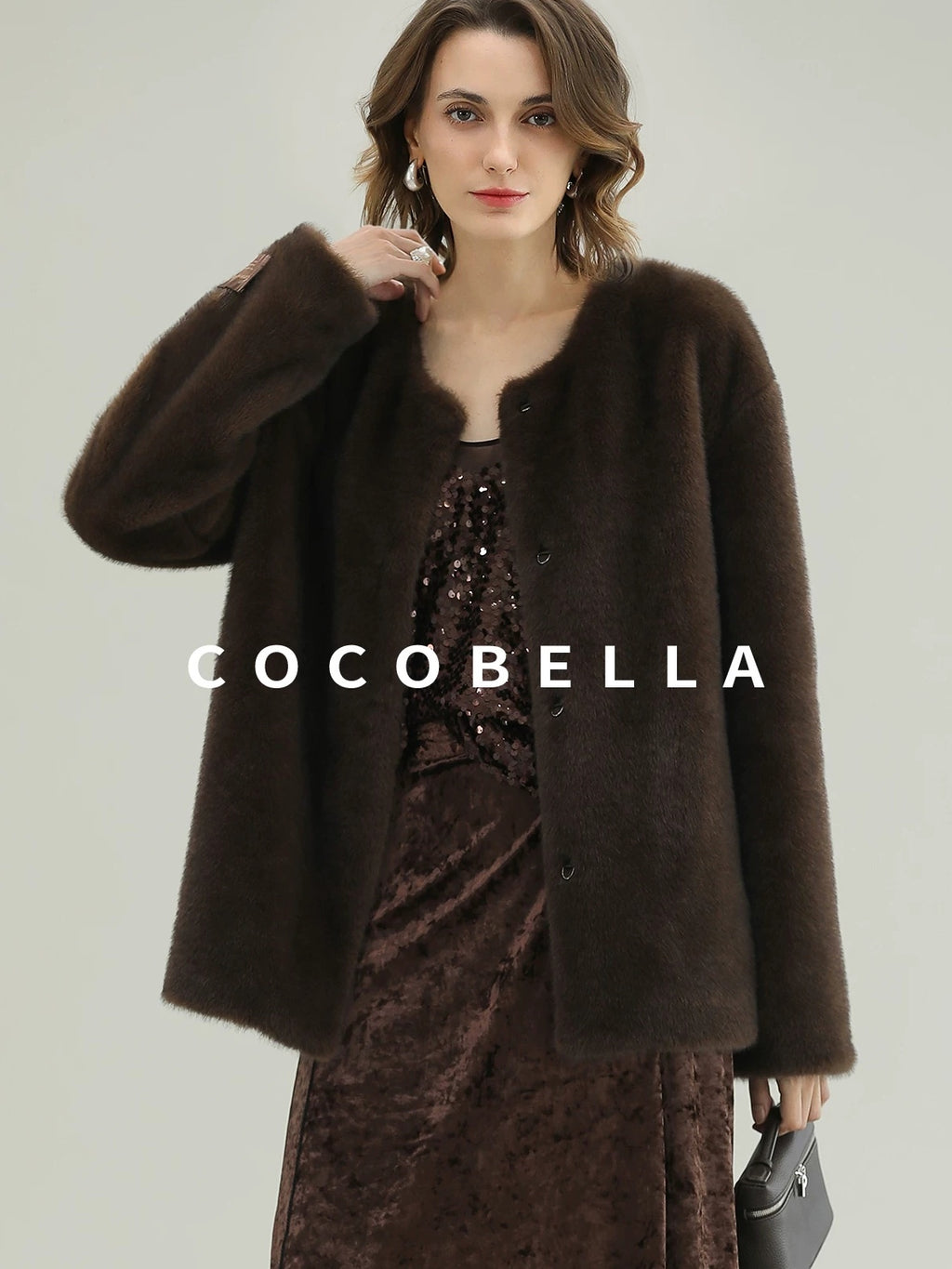 COCOBELLA All Over Faux Fur Short Straight Fit Office Women Coffee Brown Jackets