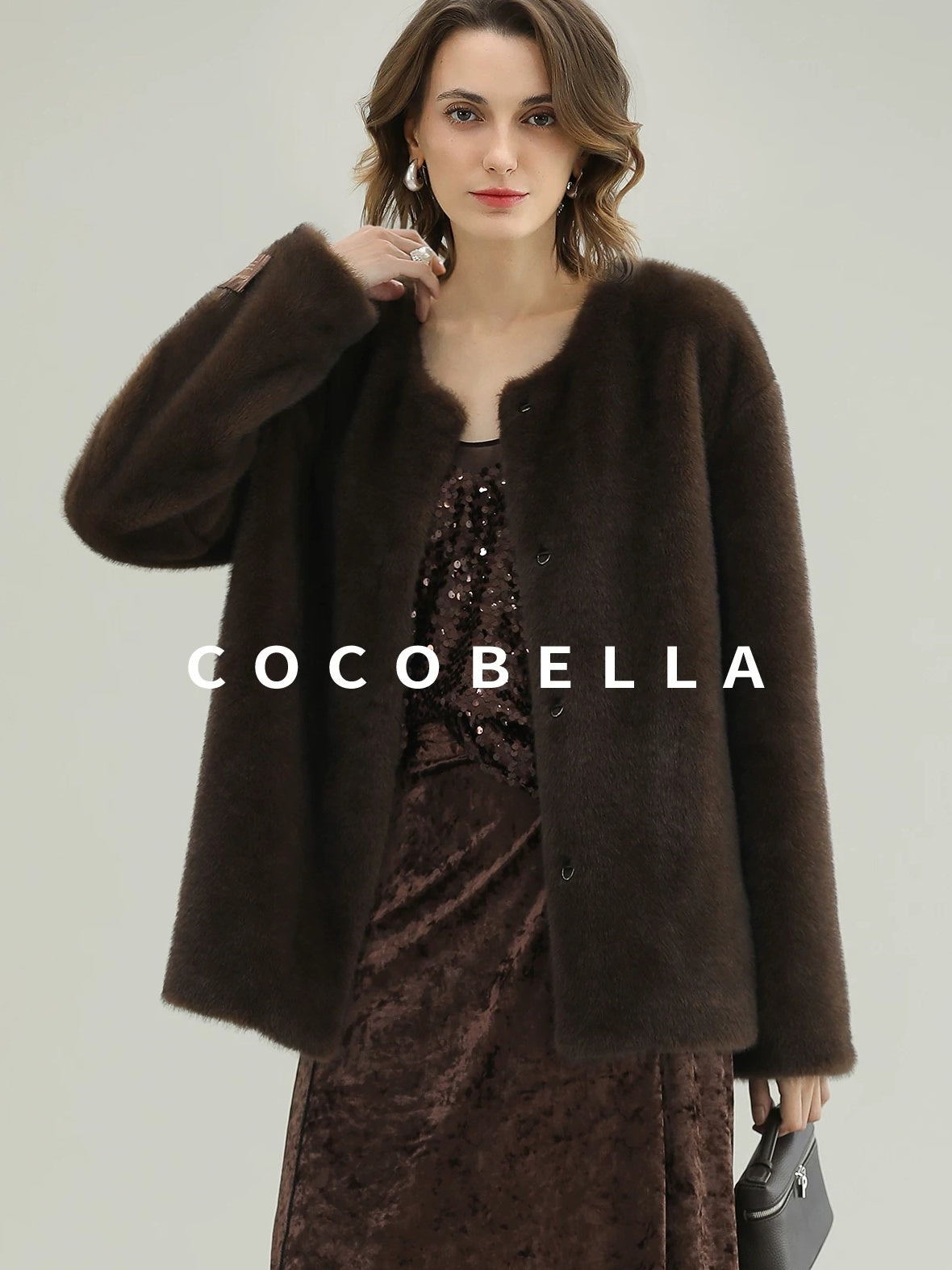COCOBELLA All Over Faux Fur Short Straight Fit Office Women Coffee Brown Jackets