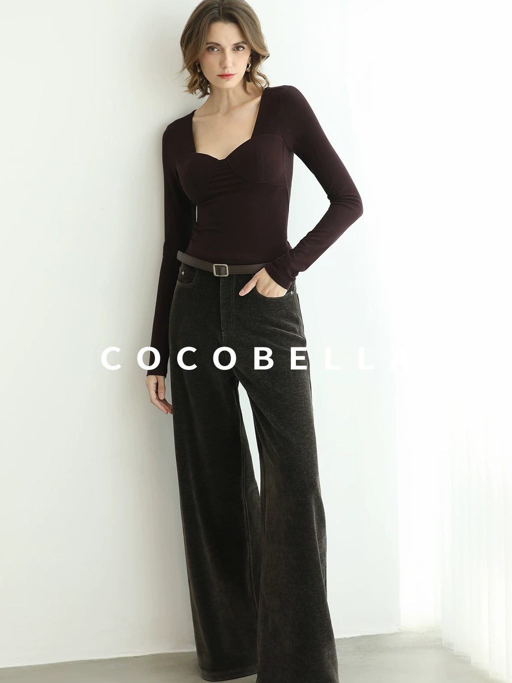 COCOBELLA Anti Static Brushed Knit V Neck Slim Fit Elegant Pullover For Women Work Shirts