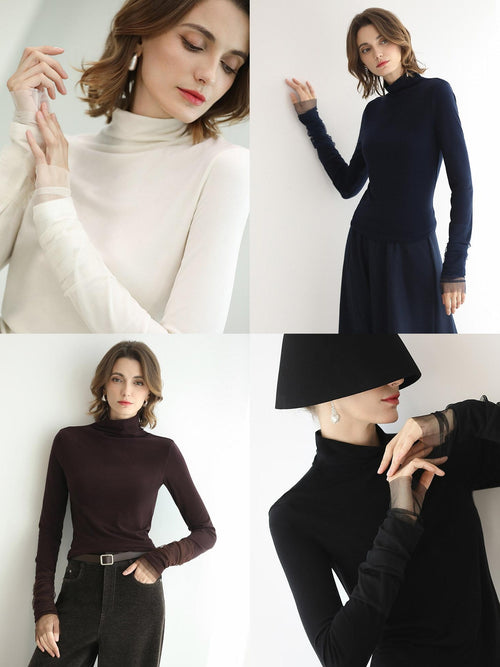 COCOBELLA Anti Static High Neck Slim Fit Pullover Mesh Splice Women Long Sleeve Shirts