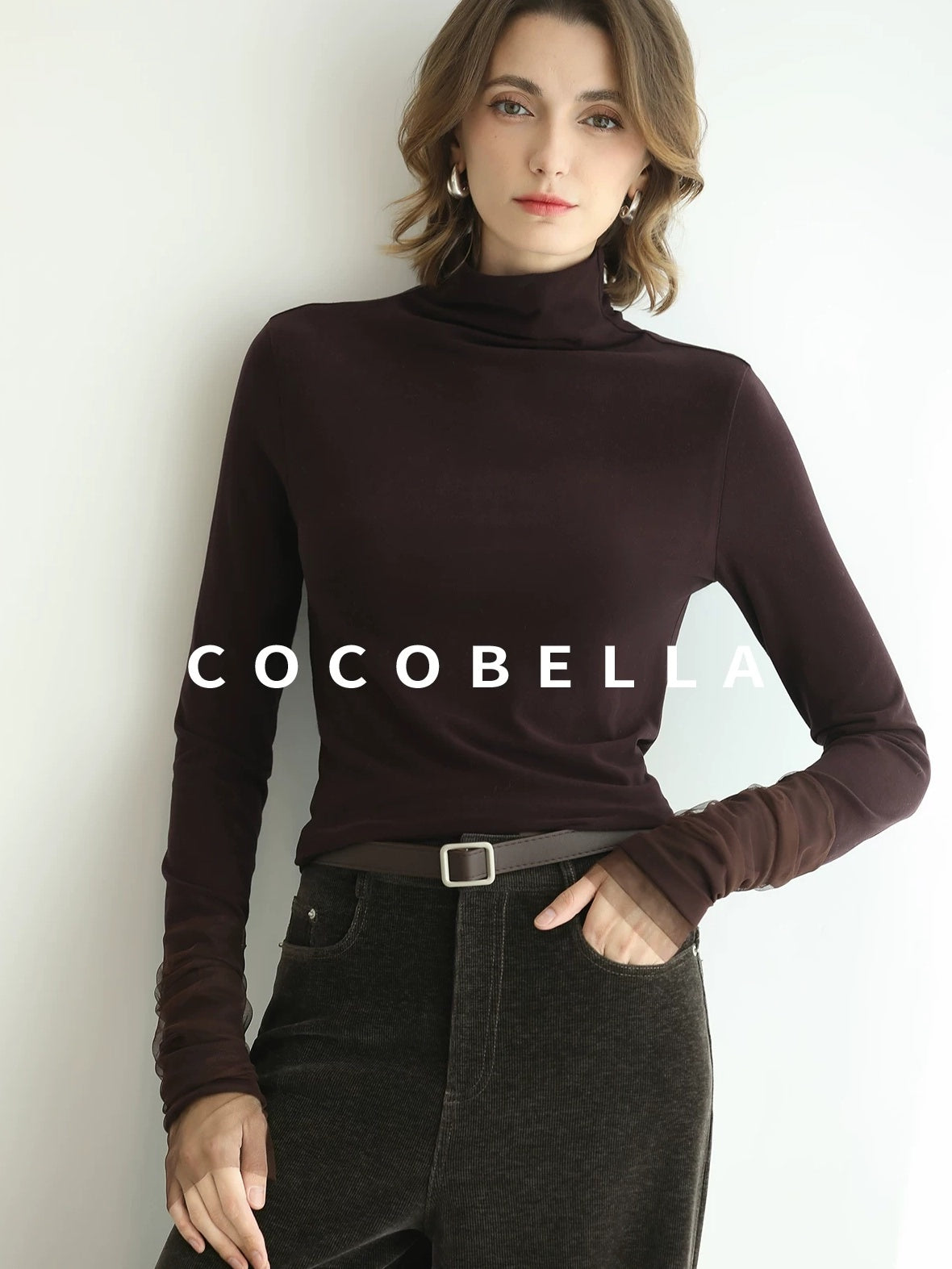 COCOBELLA Anti Static High Neck Slim Fit Pullover Mesh Splice Women Long Sleeve Shirts