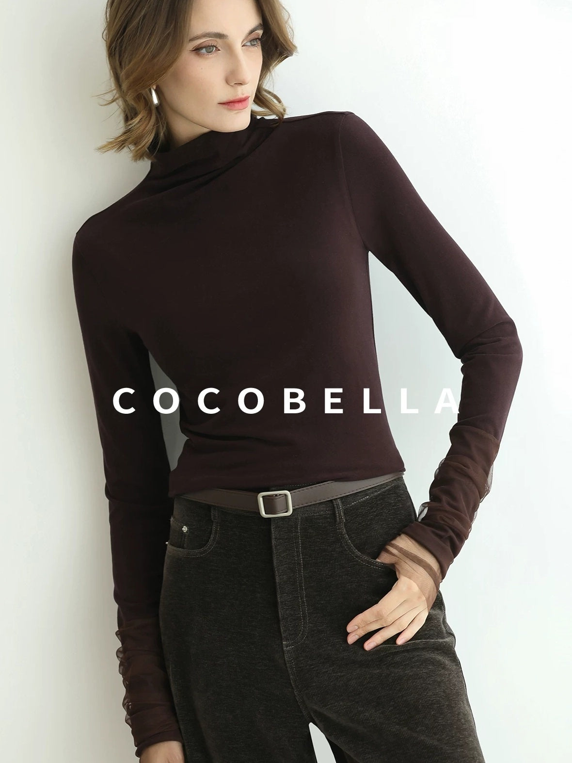 COCOBELLA Anti Static High Neck Slim Fit Pullover Mesh Splice Women Long Sleeve Shirts