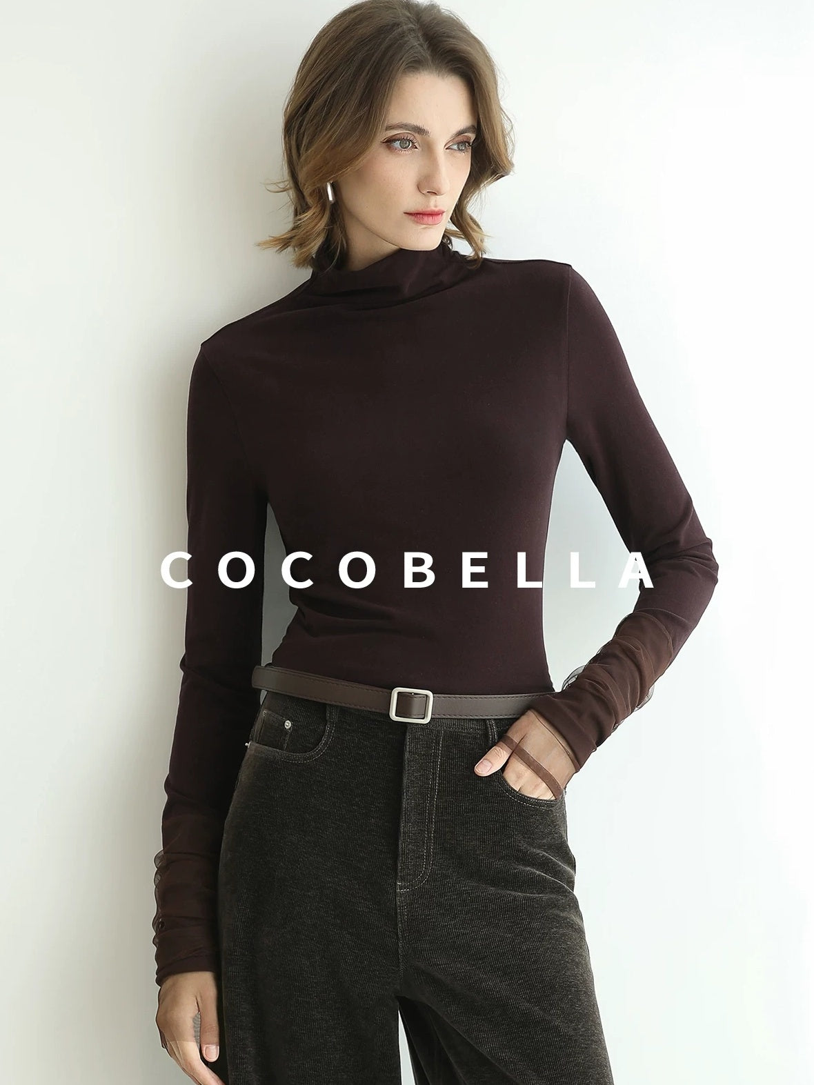 COCOBELLA Anti Static High Neck Slim Fit Pullover Mesh Splice Women Long Sleeve Shirts