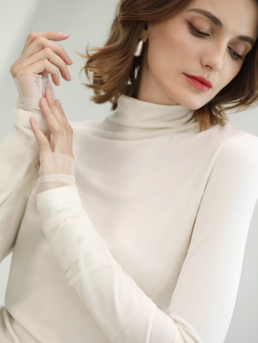 COCOBELLA_Anti_Static_Minimal_Slim_Fit_Mesh_Splice_High_Neck_Longsleeve_Women_Office_Shirts_MISSTT