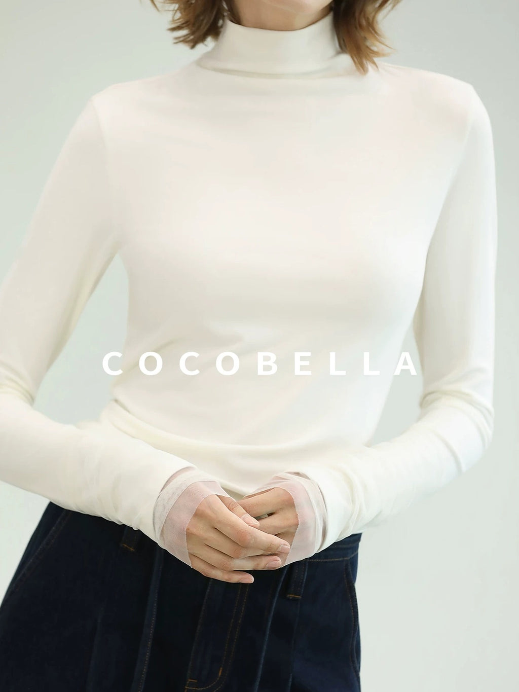 COCOBELLA Anti Static Minimal Slim Fit Mesh Splice High Neck Longsleeve Women Office Shirts