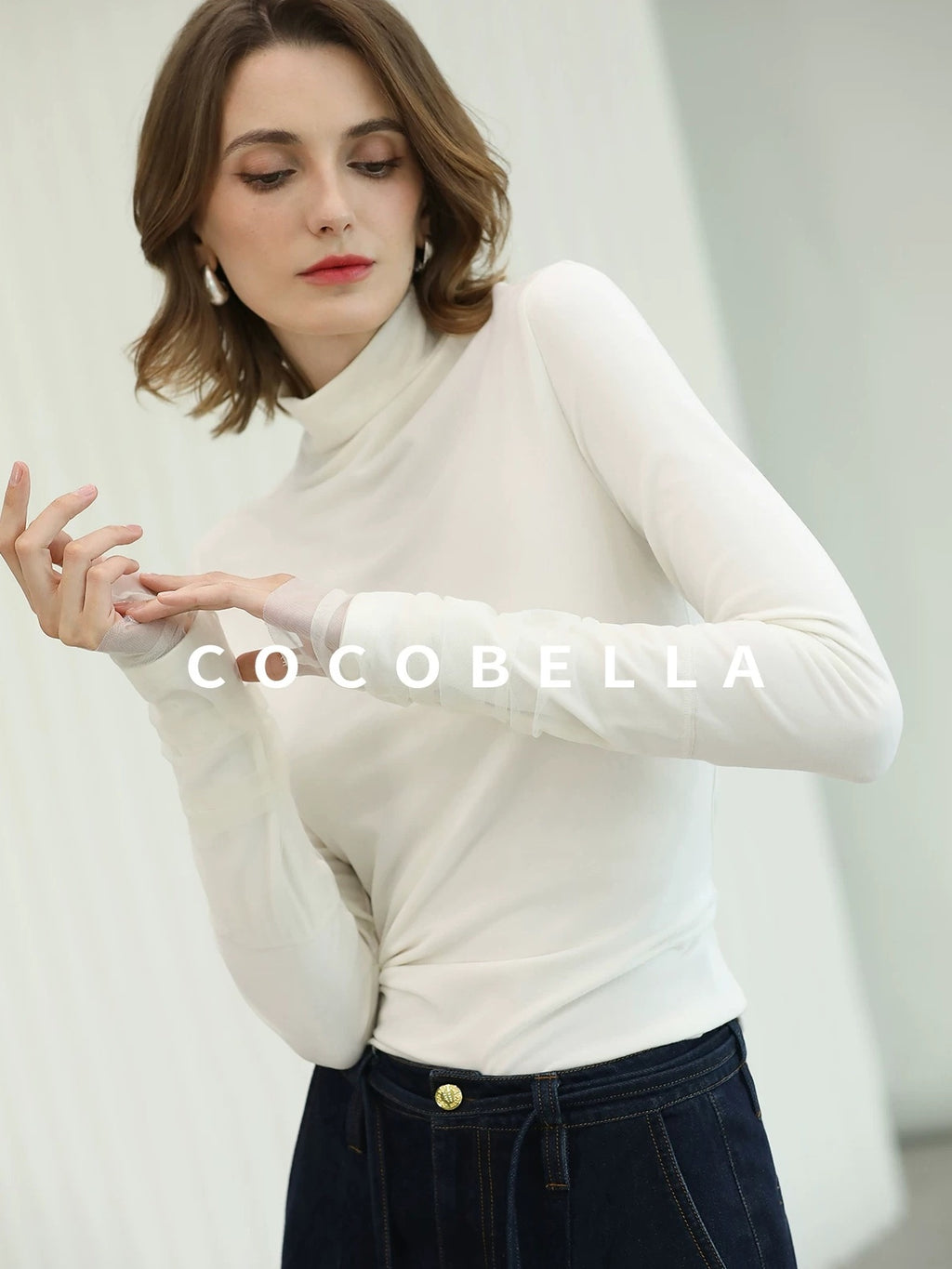 COCOBELLA Anti Static Minimal Slim Fit Mesh Splice High Neck Longsleeve Women Office Shirts