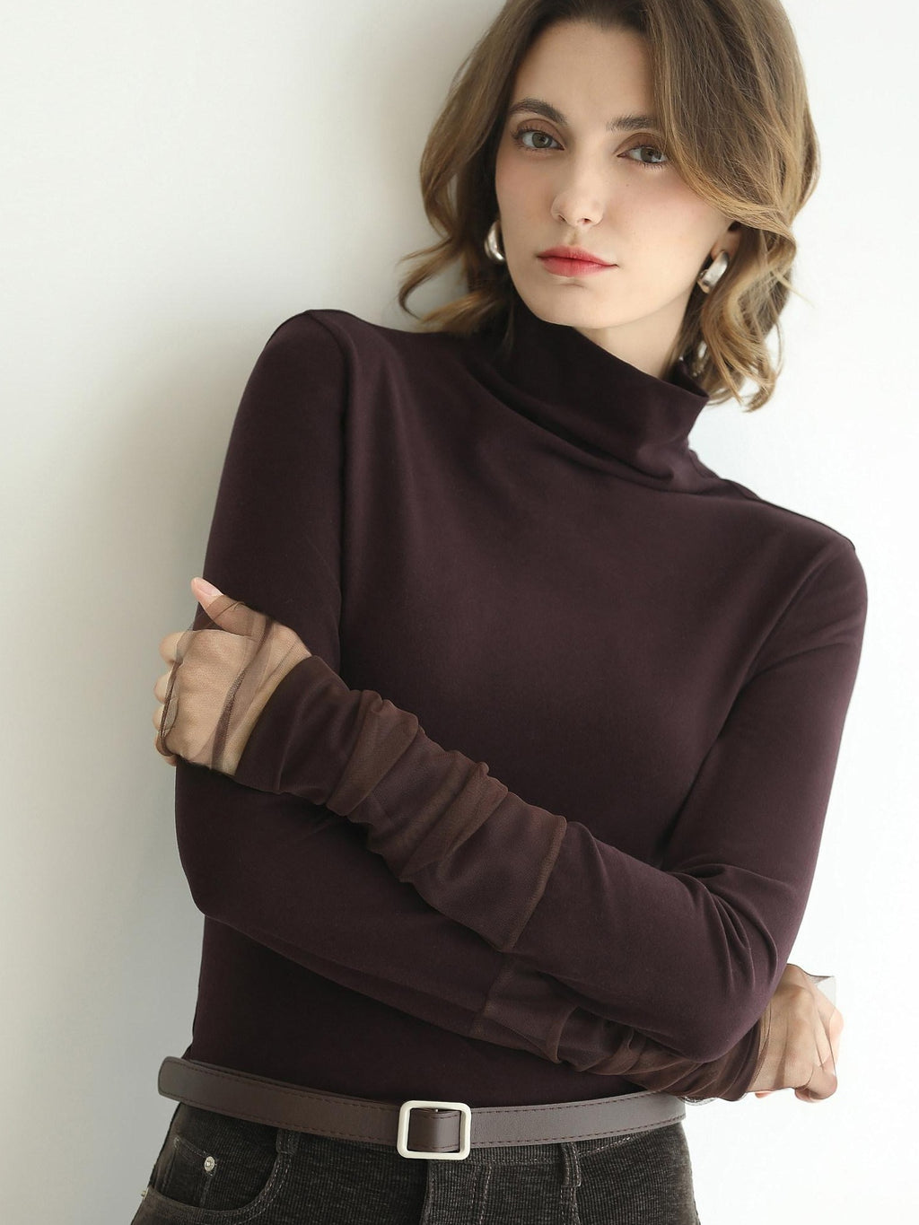 COCOBELLA Anti Static Minimal Slim Fit Mesh Splice High Neck Longsleeve Women Office Shirts