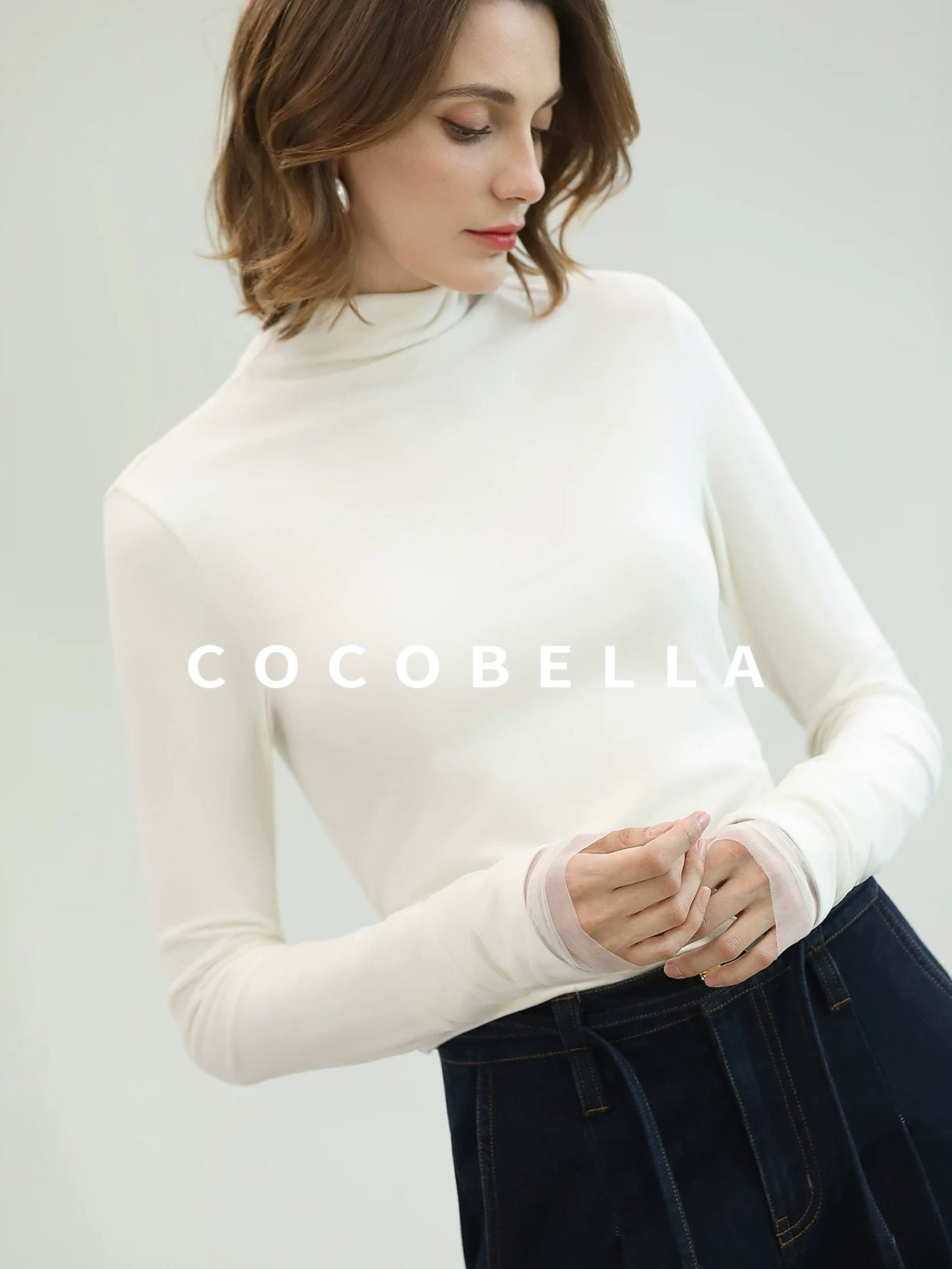 COCOBELLA Anti Static Minimal Slim Fit Mesh Splice High Neck Longsleeve Women Office Shirts
