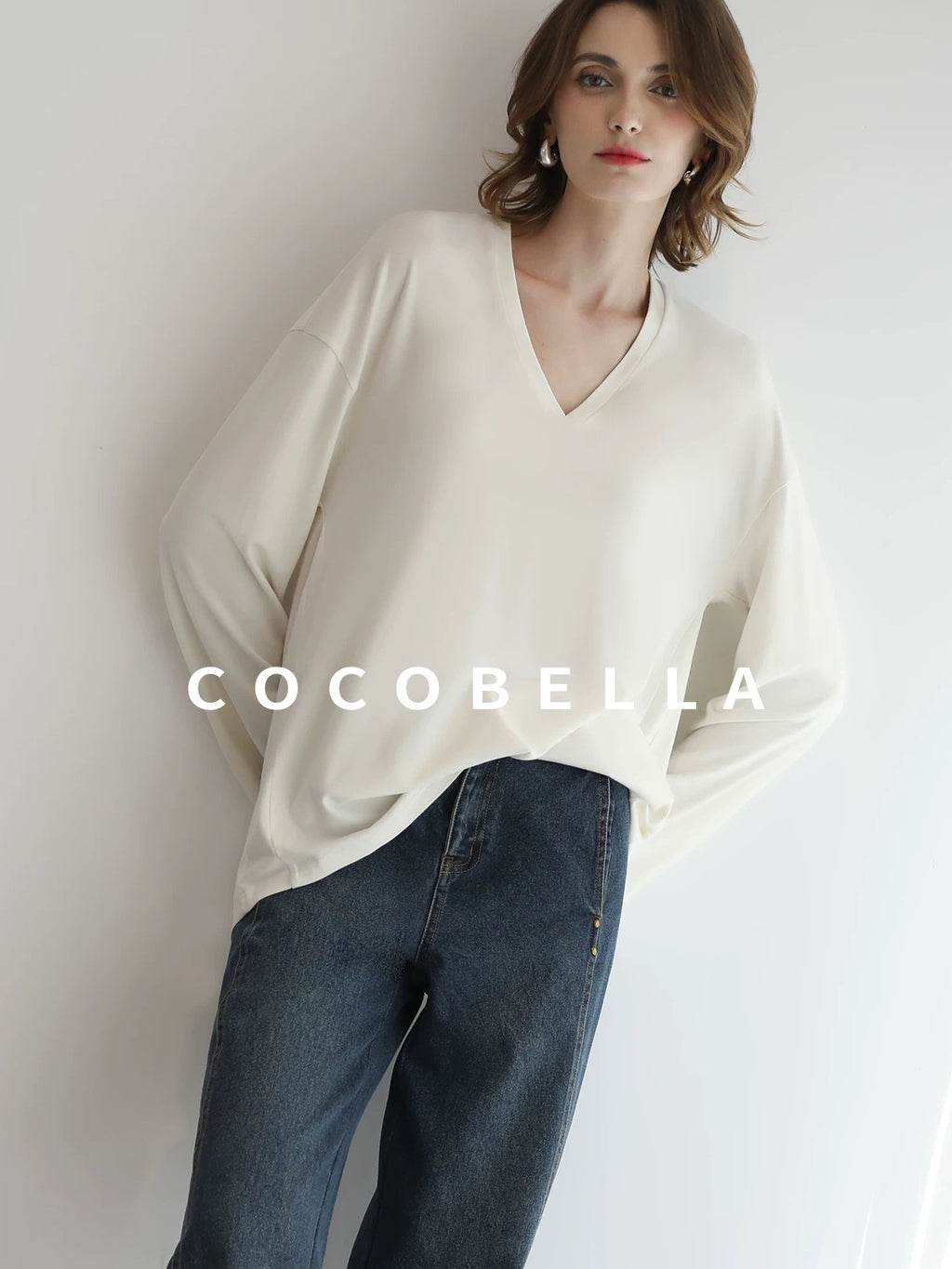 COCOBELLA Antistatic V Neck Loose Minimalist Women Viscose Blend Long Sleeve White Shirts