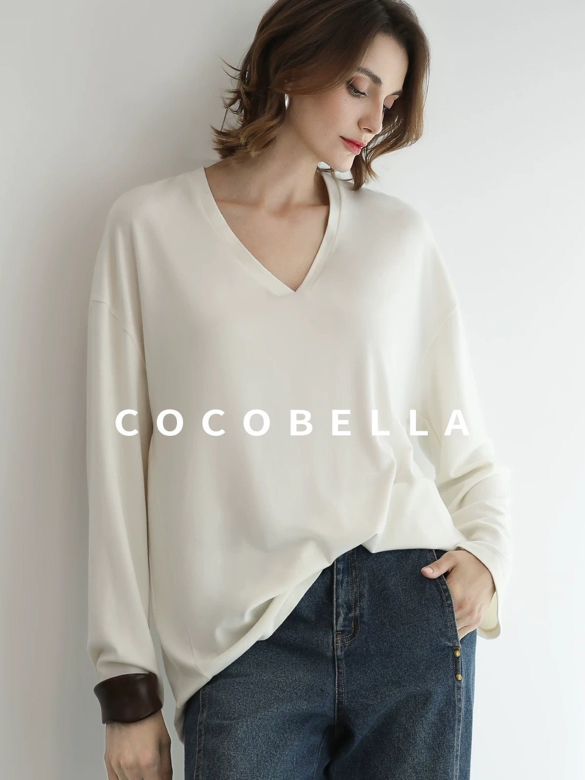 COCOBELLA Antistatic V Neck Loose Minimalist Women Viscose Blend Long Sleeve White Shirts