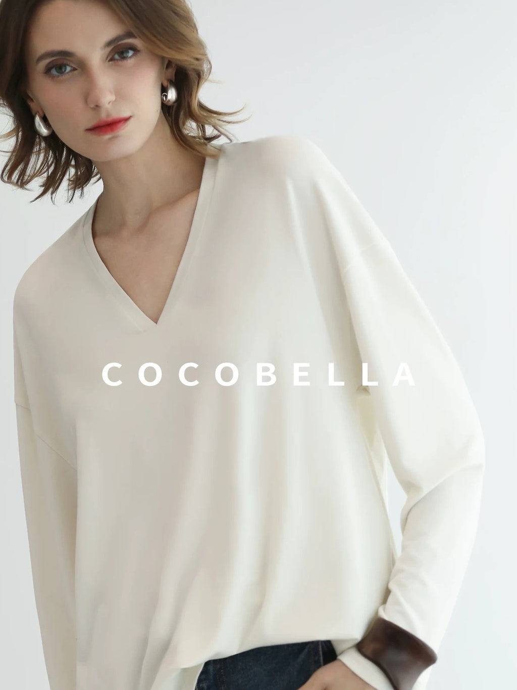 COCOBELLA Antistatic V Neck Loose Minimalist Women Viscose Blend Long Sleeve White Shirts