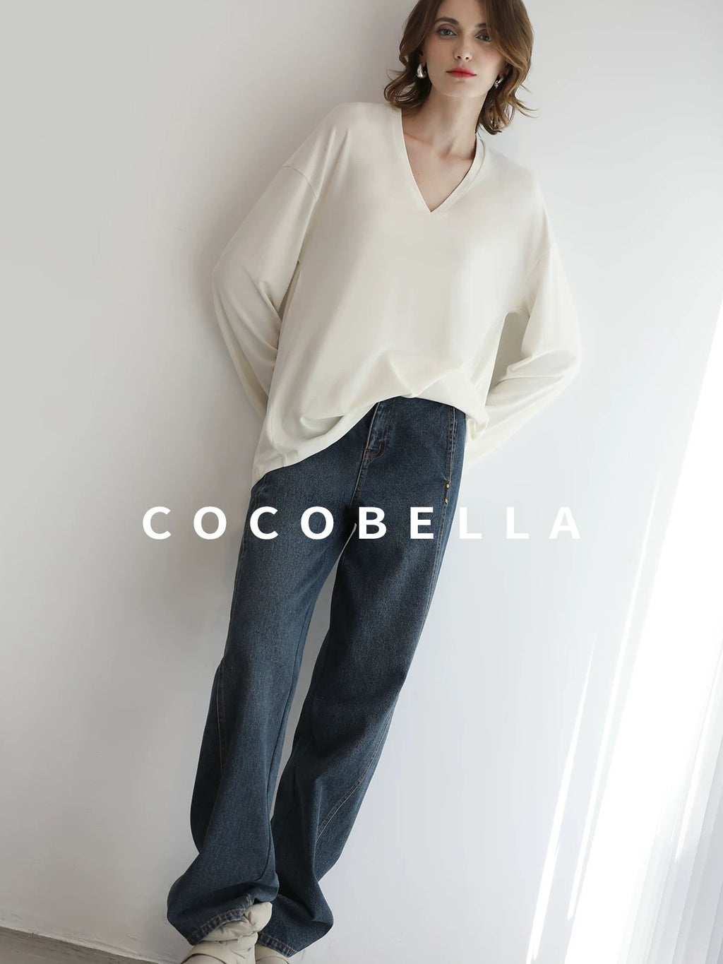 COCOBELLA Antistatic V Neck Loose Minimalist Women Viscose Blend Long Sleeve White Shirts
