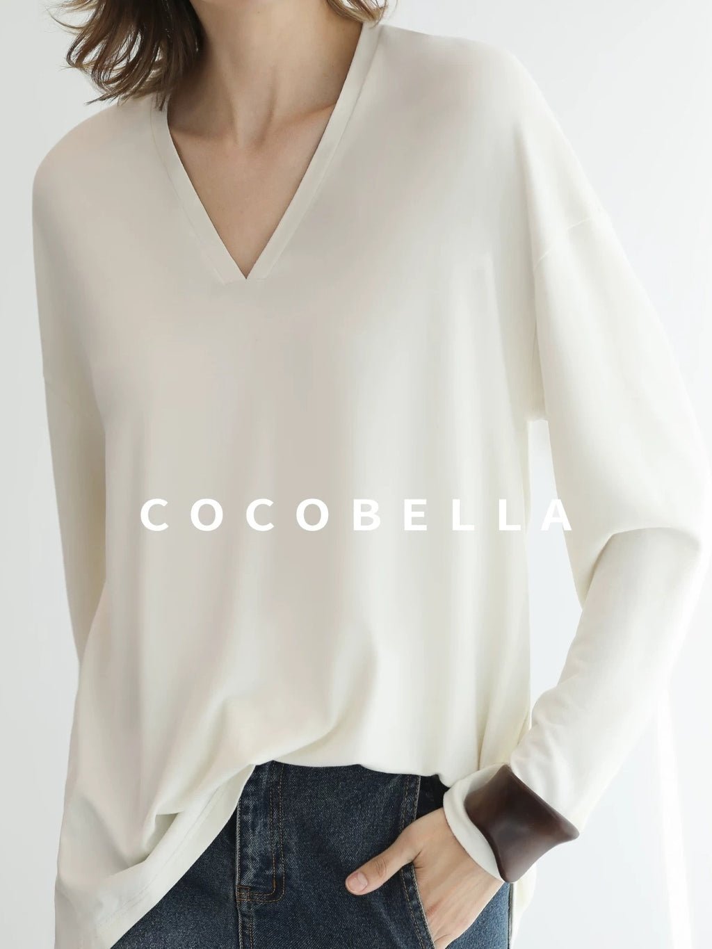 COCOBELLA Antistatic V Neck Loose Minimalist Women Viscose Blend Long Sleeve White Shirts