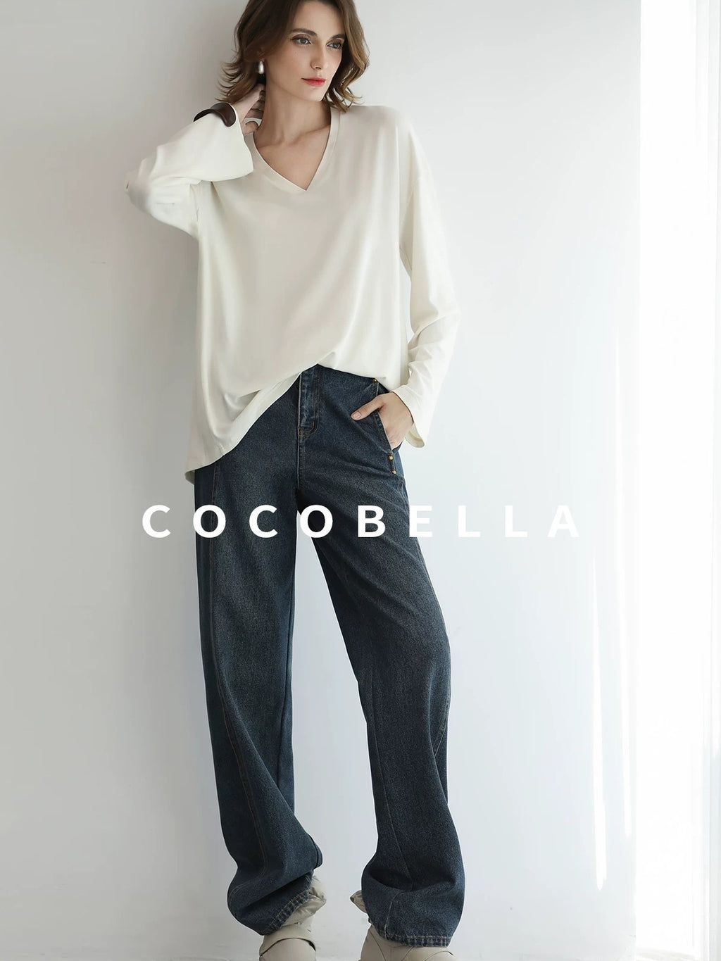 COCOBELLA Antistatic V Neck Loose Minimalist Women Viscose Blend Long Sleeve White Shirts