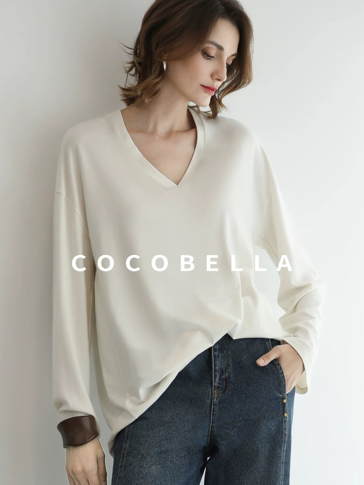 COCOBELLA Antistatic V Neck Loose Minimalist Women Viscose Blend Long Sleeve White Shirts