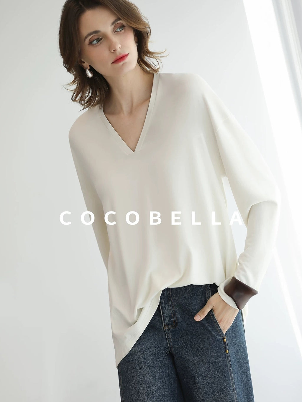 COCOBELLA Antistatic V Neck Loose Minimalist Women Viscose Blend Long Sleeve White Shirts