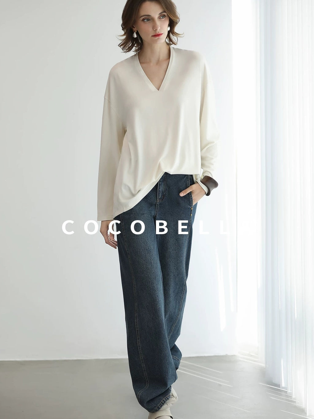 COCOBELLA Antistatic V Neck Loose Minimalist Women Viscose Blend Long Sleeve White Shirts