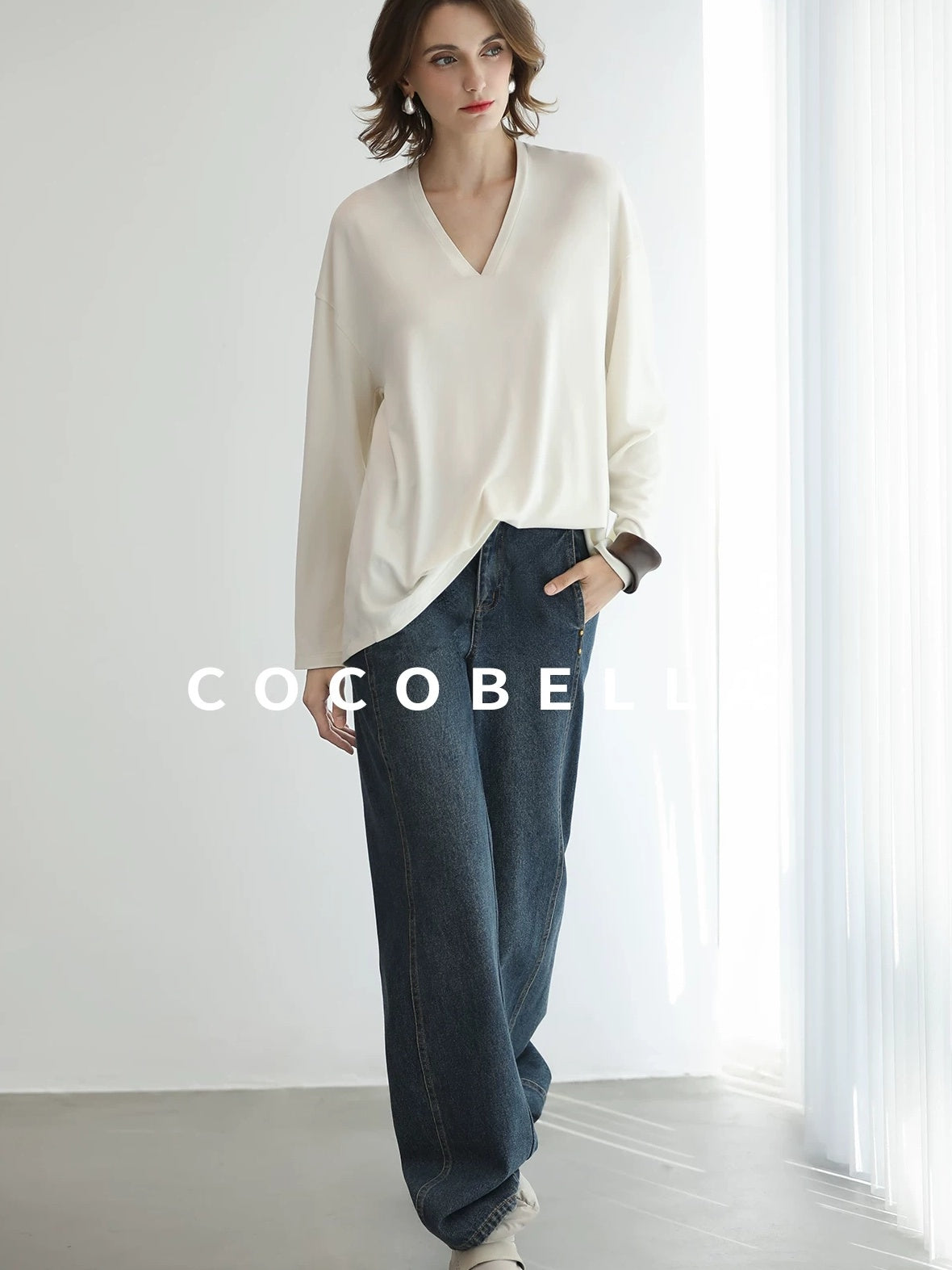 COCOBELLA Antistatic V Neck Loose Minimalist Women Viscose Blend Long Sleeve White Shirts