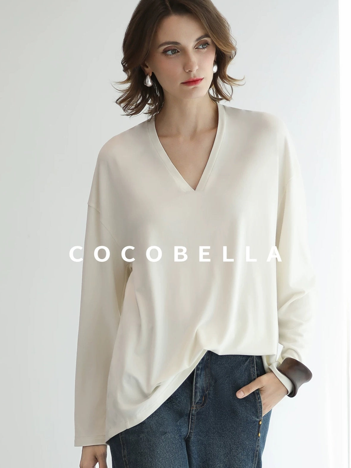 COCOBELLA Antistatic V Neck Loose Minimalist Women Viscose Blend Long Sleeve White Shirts