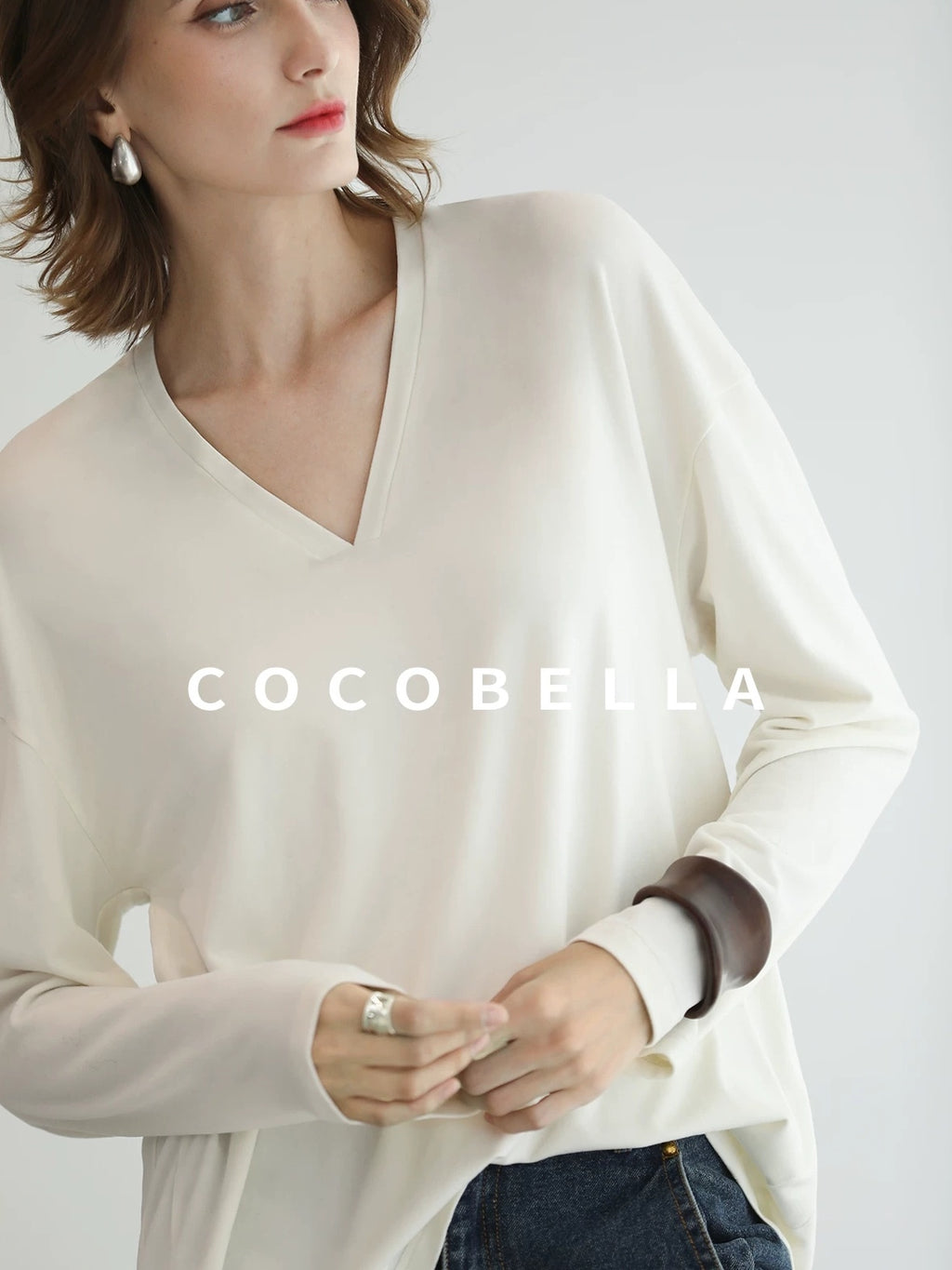 COCOBELLA Antistatic V Neck Loose Minimalist Women Viscose Blend Long Sleeve White Shirts