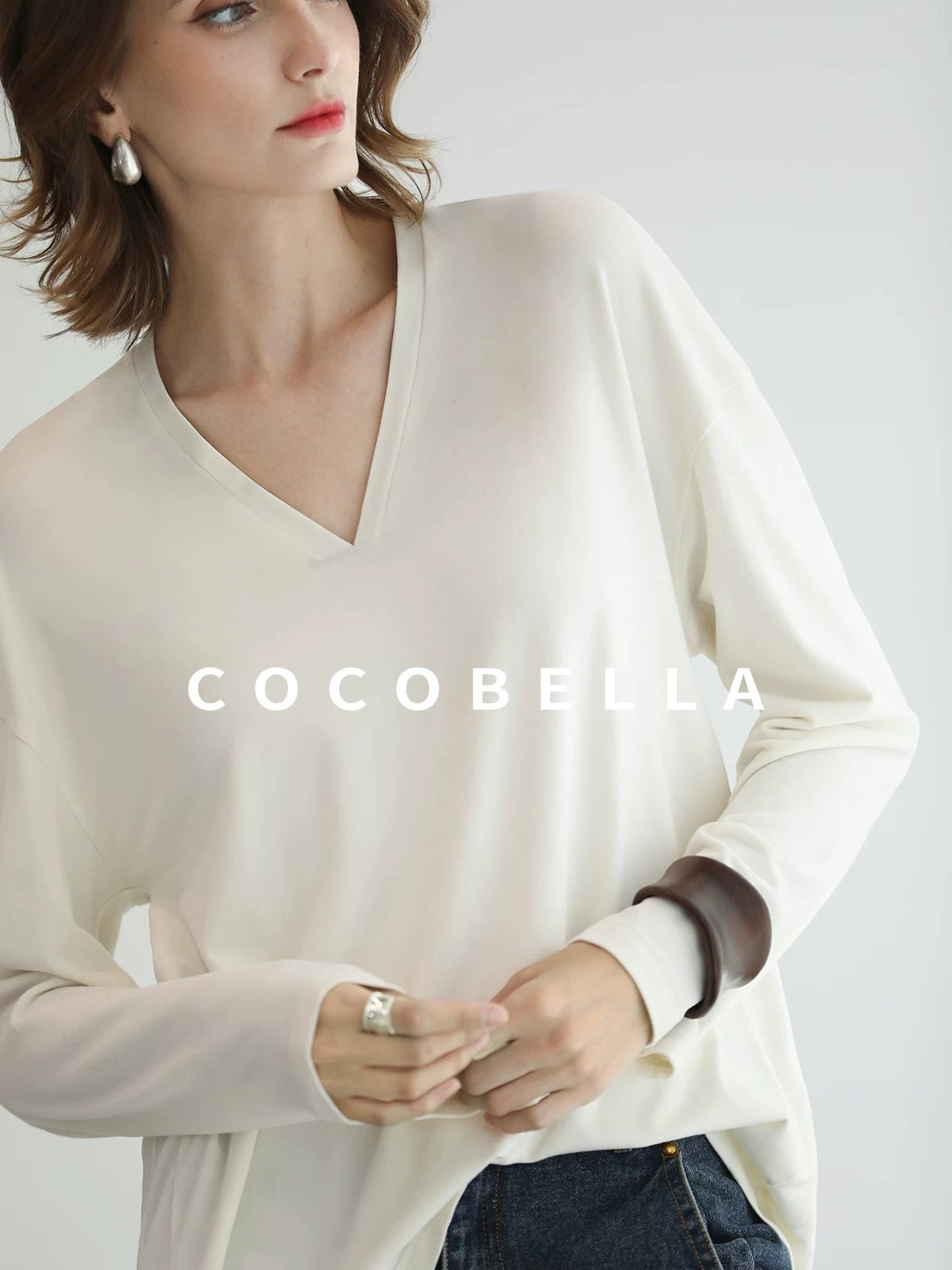 COCOBELLA Antistatic V Neck Loose Minimalist Women Viscose Blend Long Sleeve White Shirts