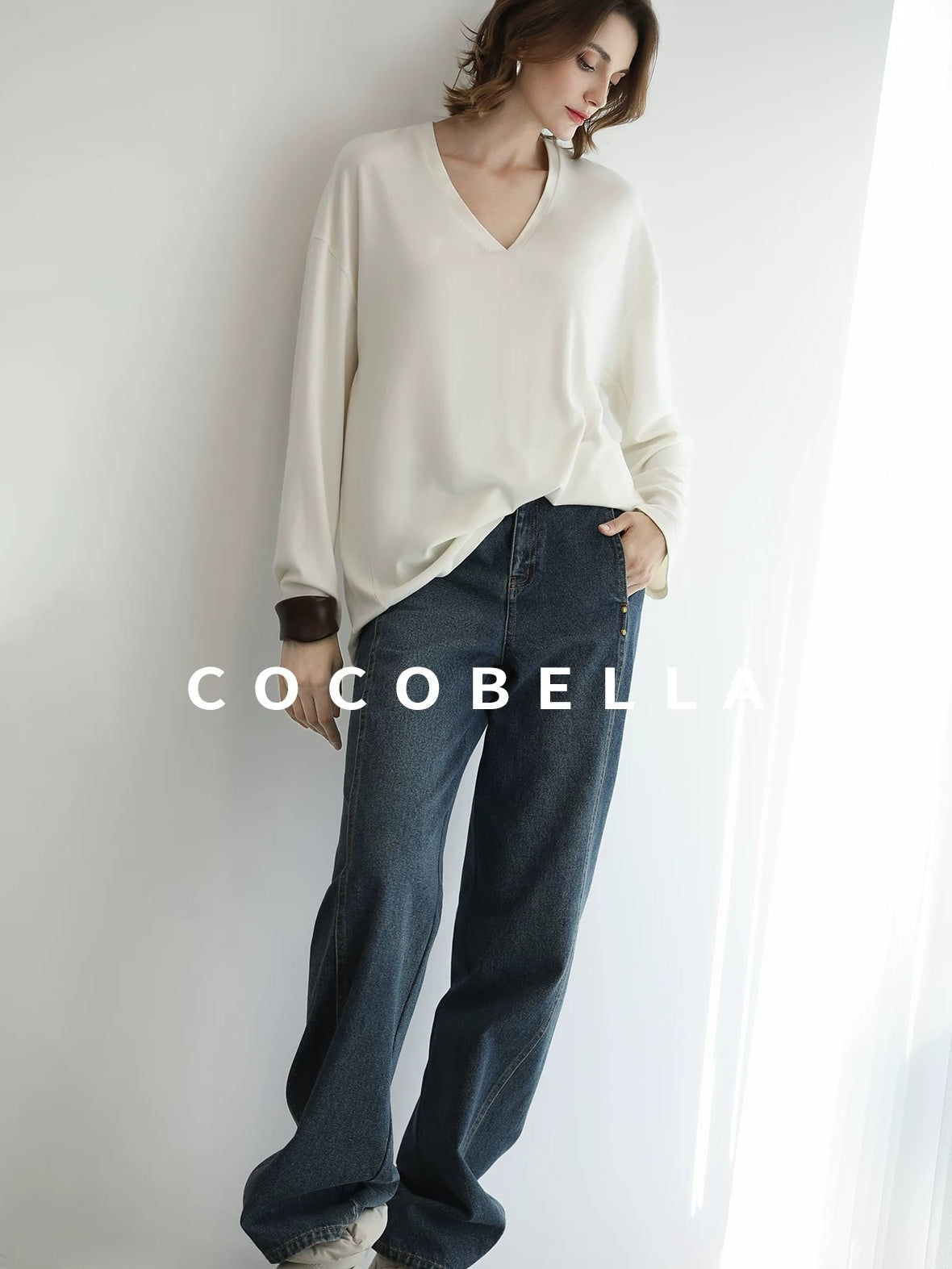 COCOBELLA Antistatic V Neck Loose Minimalist Women Viscose Blend Long Sleeve White Shirts