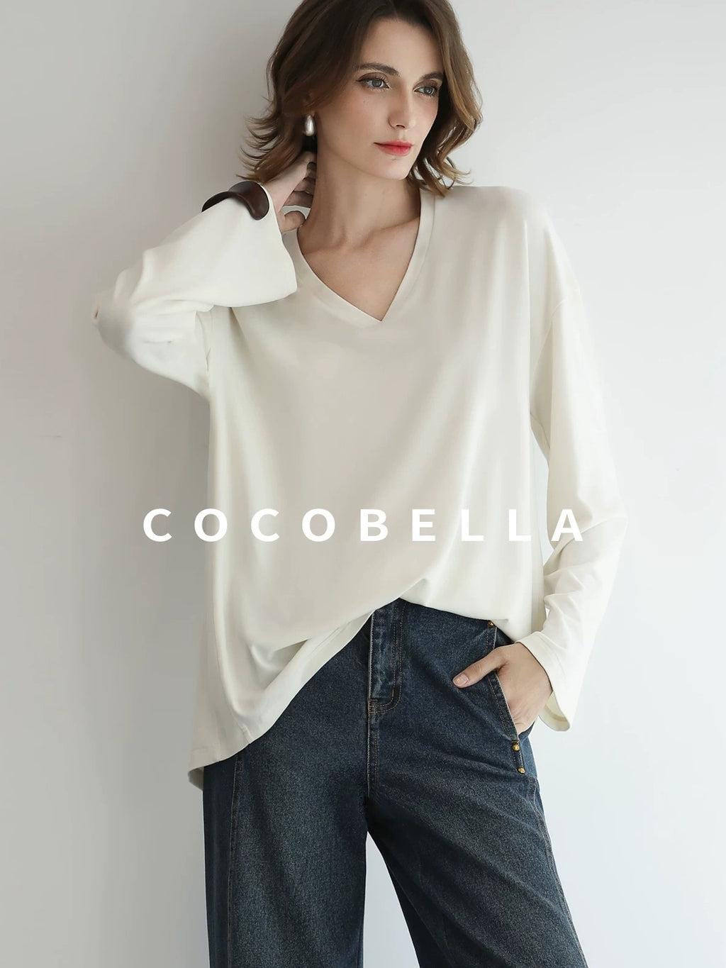 COCOBELLA Antistatic V Neck Loose Minimalist Women Viscose Blend Long Sleeve White Shirts