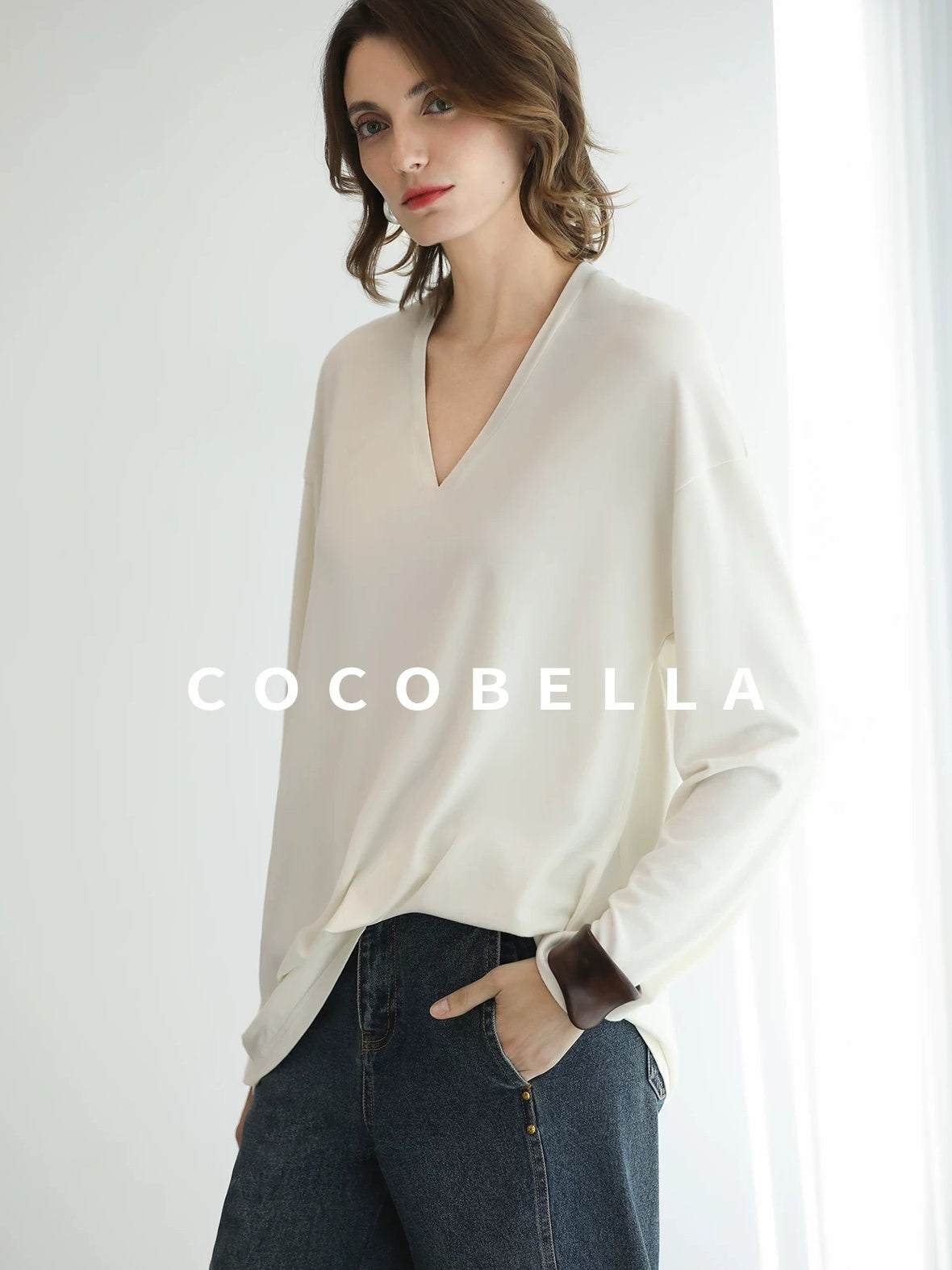 COCOBELLA Antistatic V Neck Loose Minimalist Women Viscose Blend Long Sleeve White Shirts