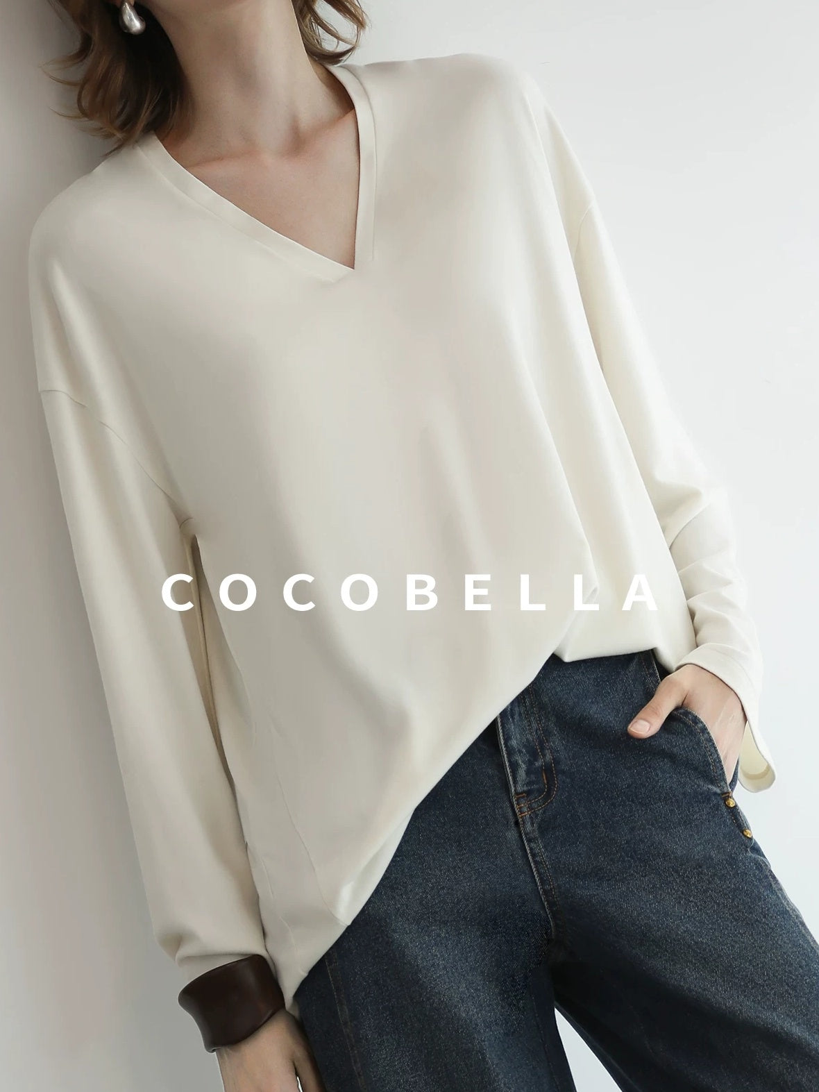 COCOBELLA Antistatic V Neck Loose Minimalist Women Viscose Blend Long Sleeve White Shirts