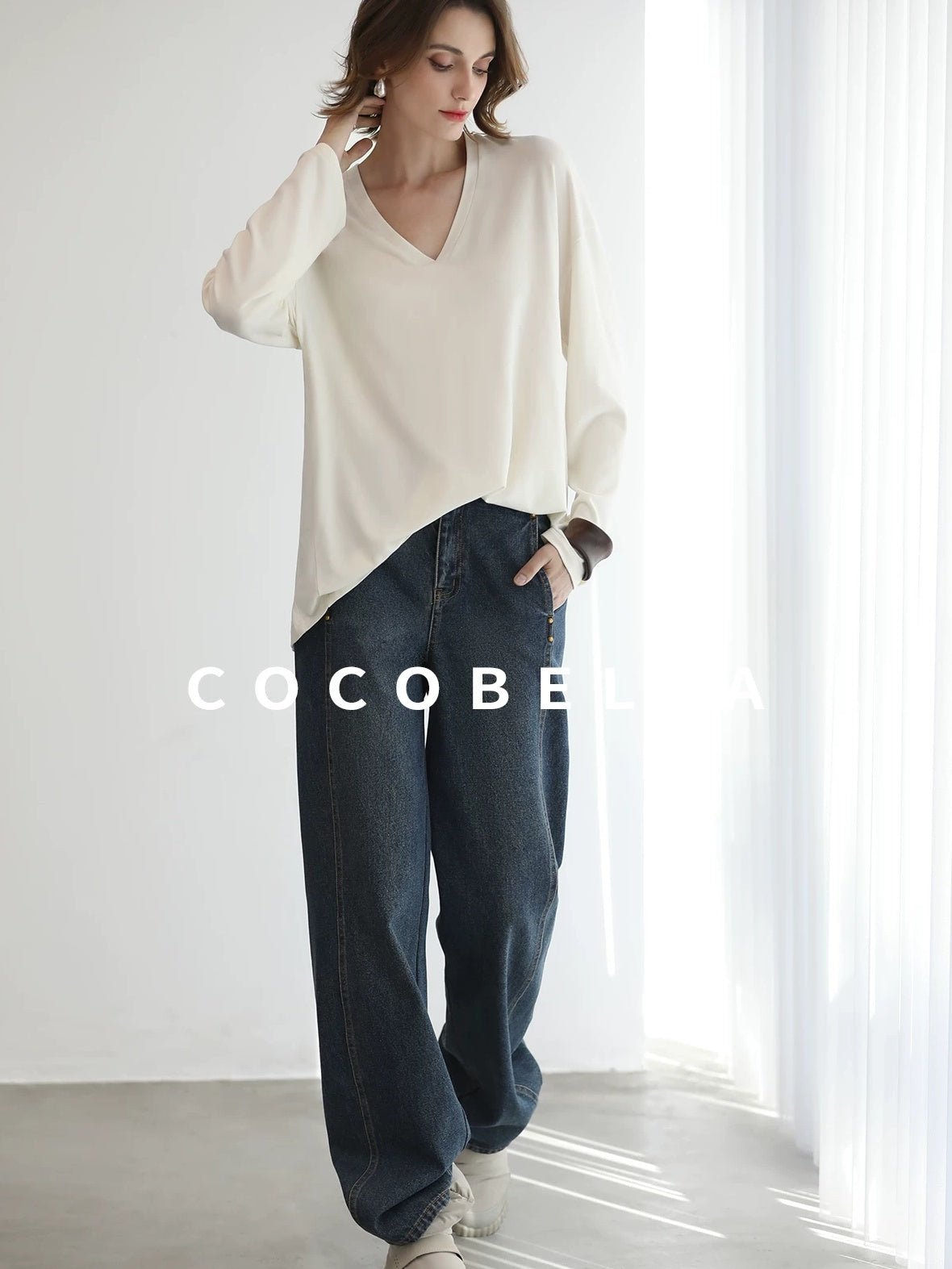 COCOBELLA Antistatic V Neck Loose Minimalist Women Viscose Blend Long Sleeve White Shirts