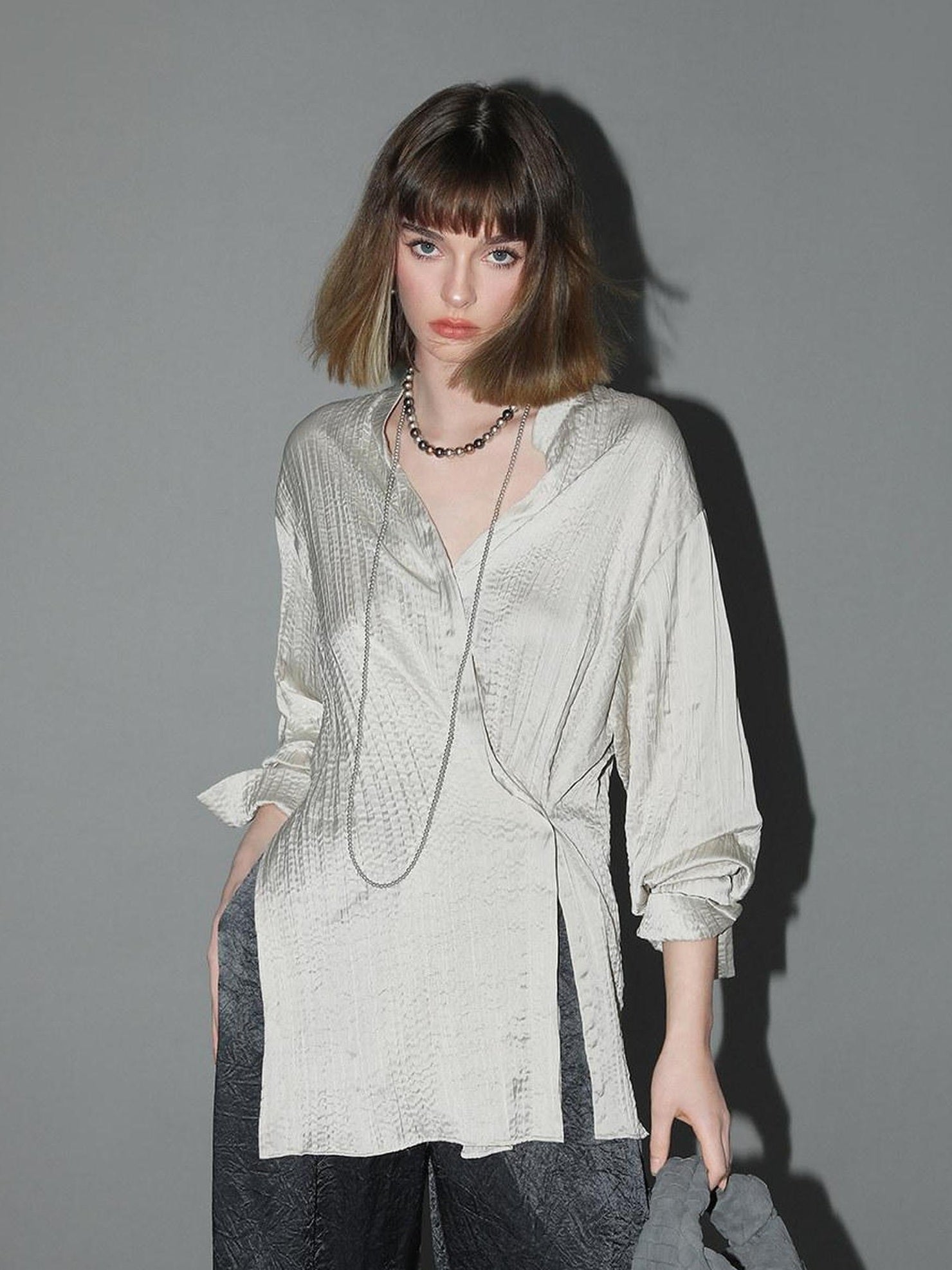 COCOBELLA Asymmetric Pleat Straight Stand Collar Office Women Long Sleeve Shirts