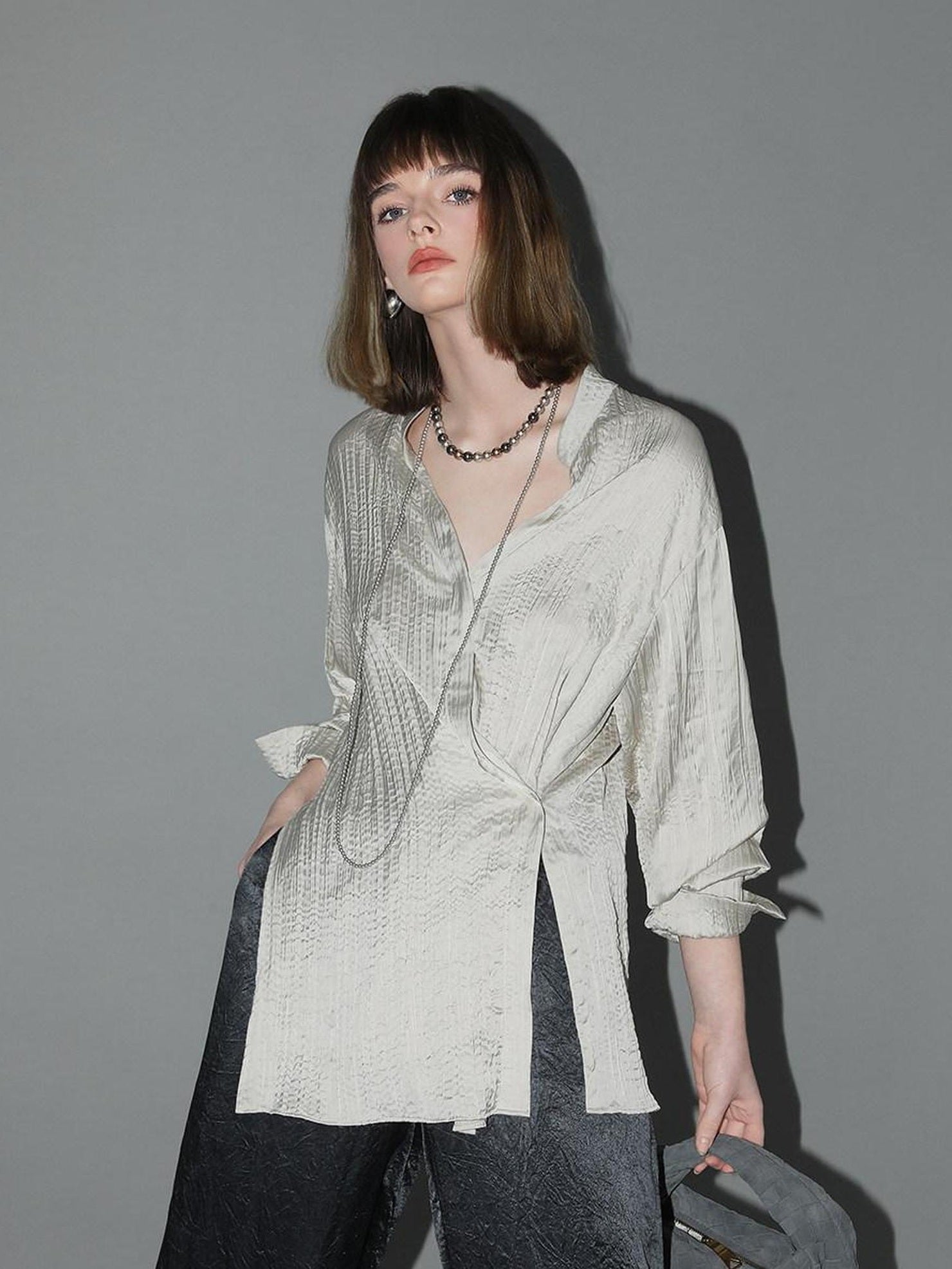 COCOBELLA Asymmetric Pleat Straight Stand Collar Office Women Long Sleeve Shirts