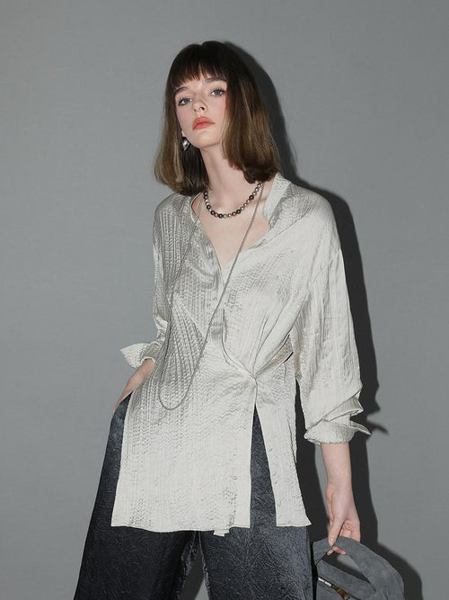 COCOBELLA Asymmetric Pleat Straight Stand Collar Office Women Long Sleeve Shirts