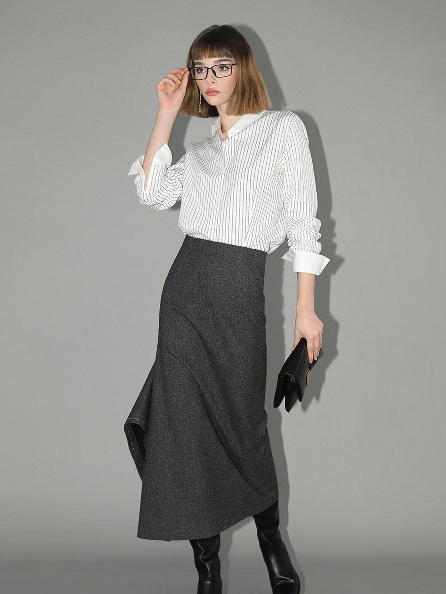 COCOBELLA Asymmetric Topstitch Mid Rise Office Straight H Line Women Maxi Skirts