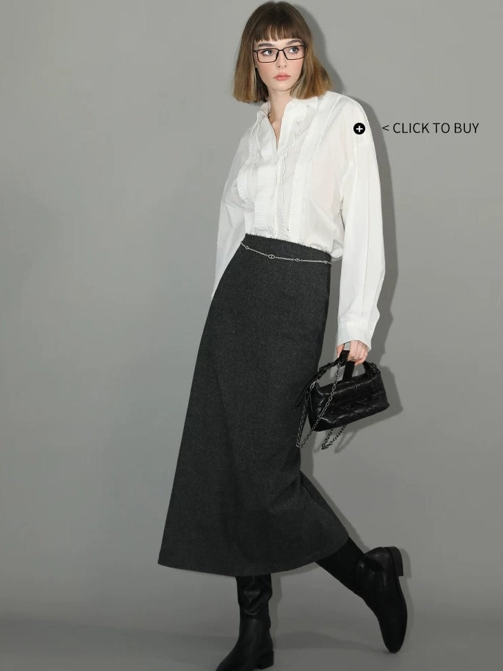 COCOBELLA Asymmetric Topstitch Mid Rise Office Straight H Line Women Maxi Skirts